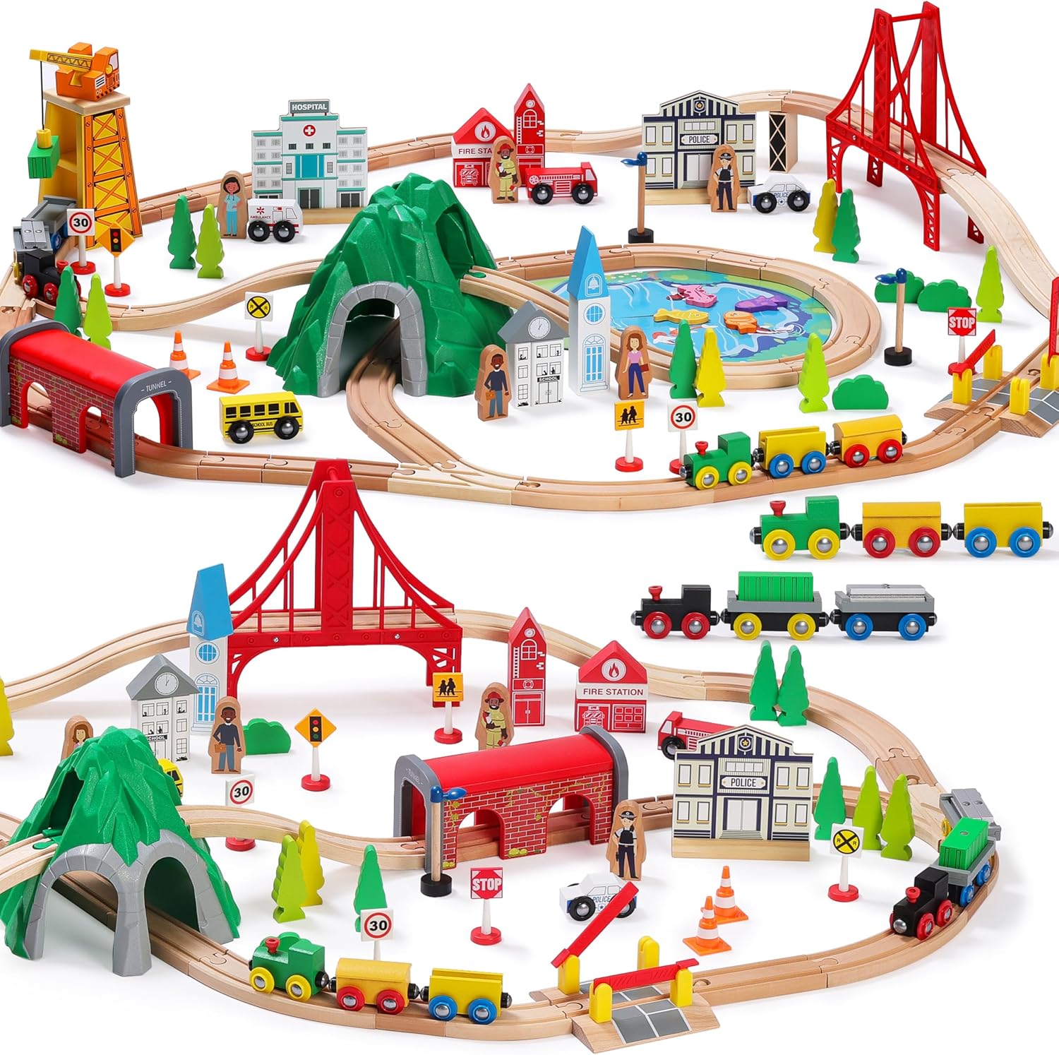SainSmart Jr. 112-Piece Wooden Train Set for Toddlers and Kids