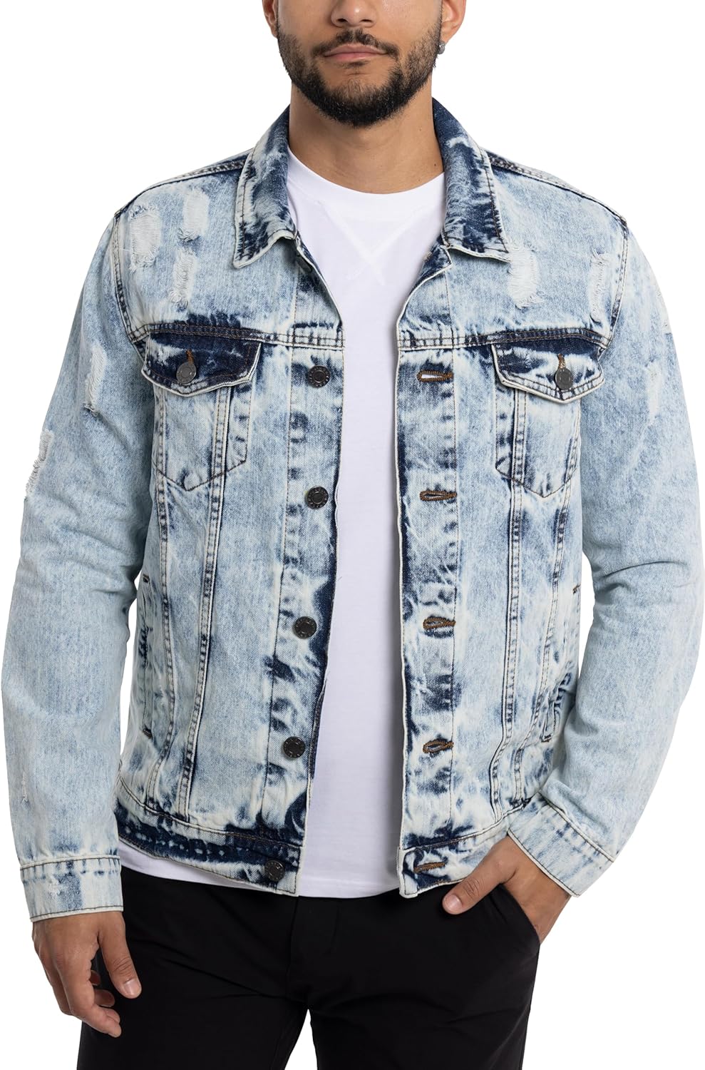 X RAY Mens Denim Jacket - Washed Ripped Casual Trucker Style