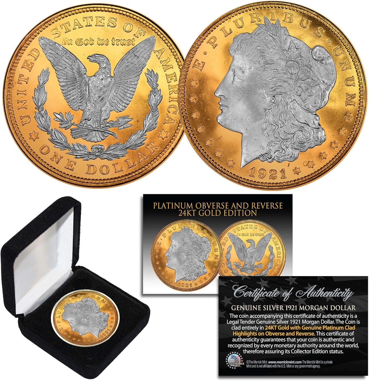 1921 Original AU Morgan Silver Dollar with Gold and Platinum Layering