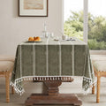 Hemstitched Embroidery Striped Boho Tablecloth 60x84 in Olive - Heavy