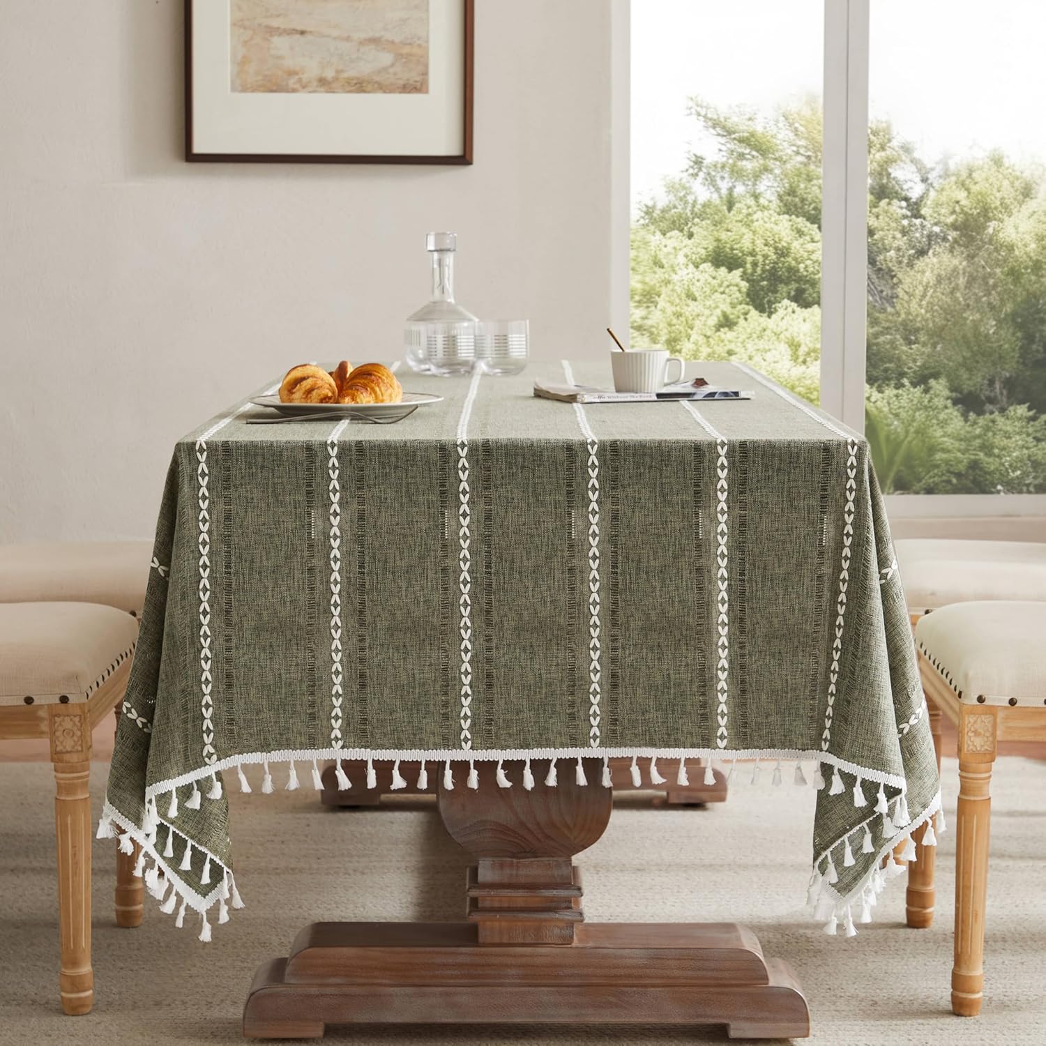 ZeeMart Hemstitched Embroidery Striped Boho Tablecloth 60x84 in Olive