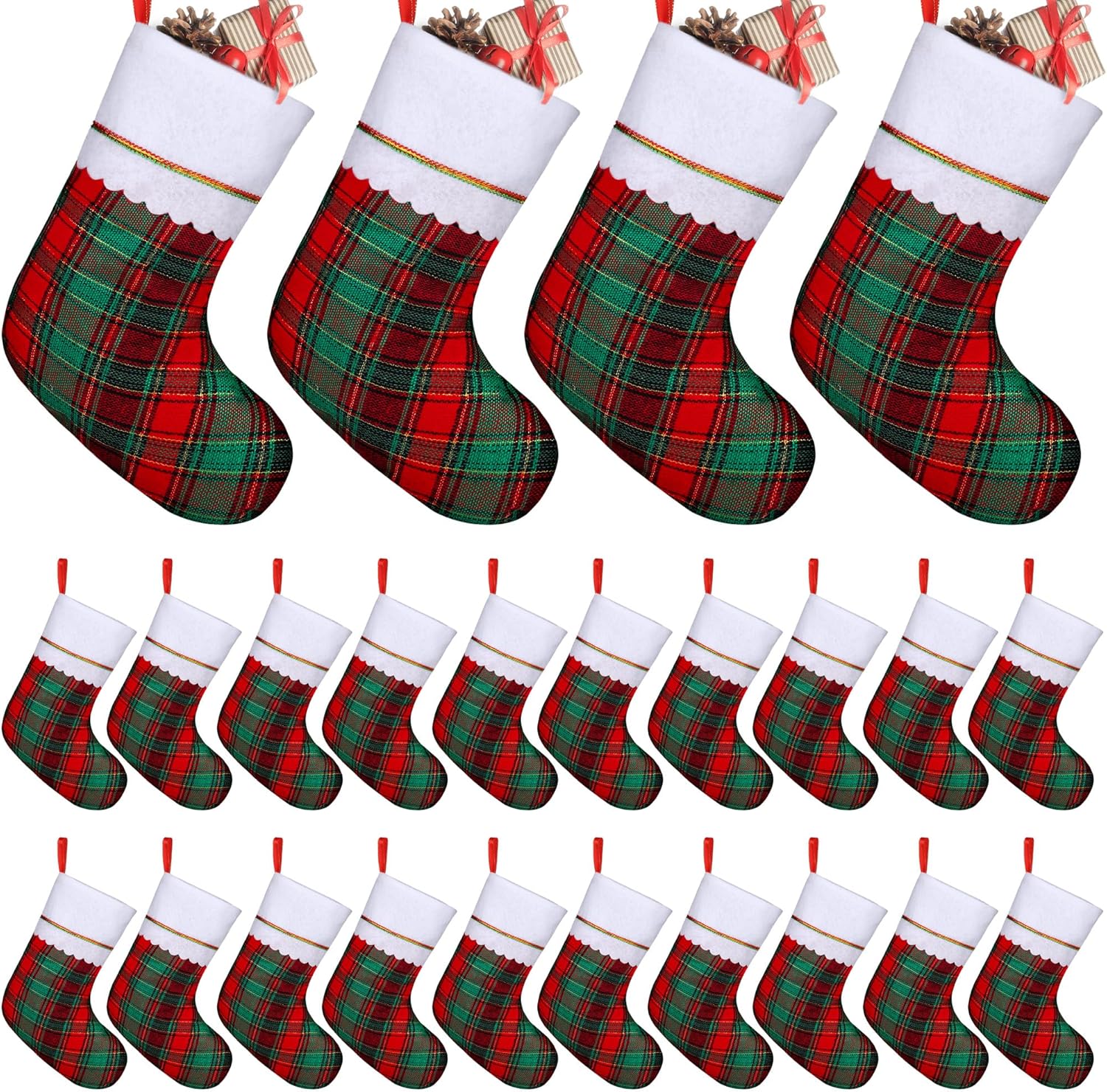 24 Pack 18 Inch Red Green Buffalo Plaid Christmas Stockings