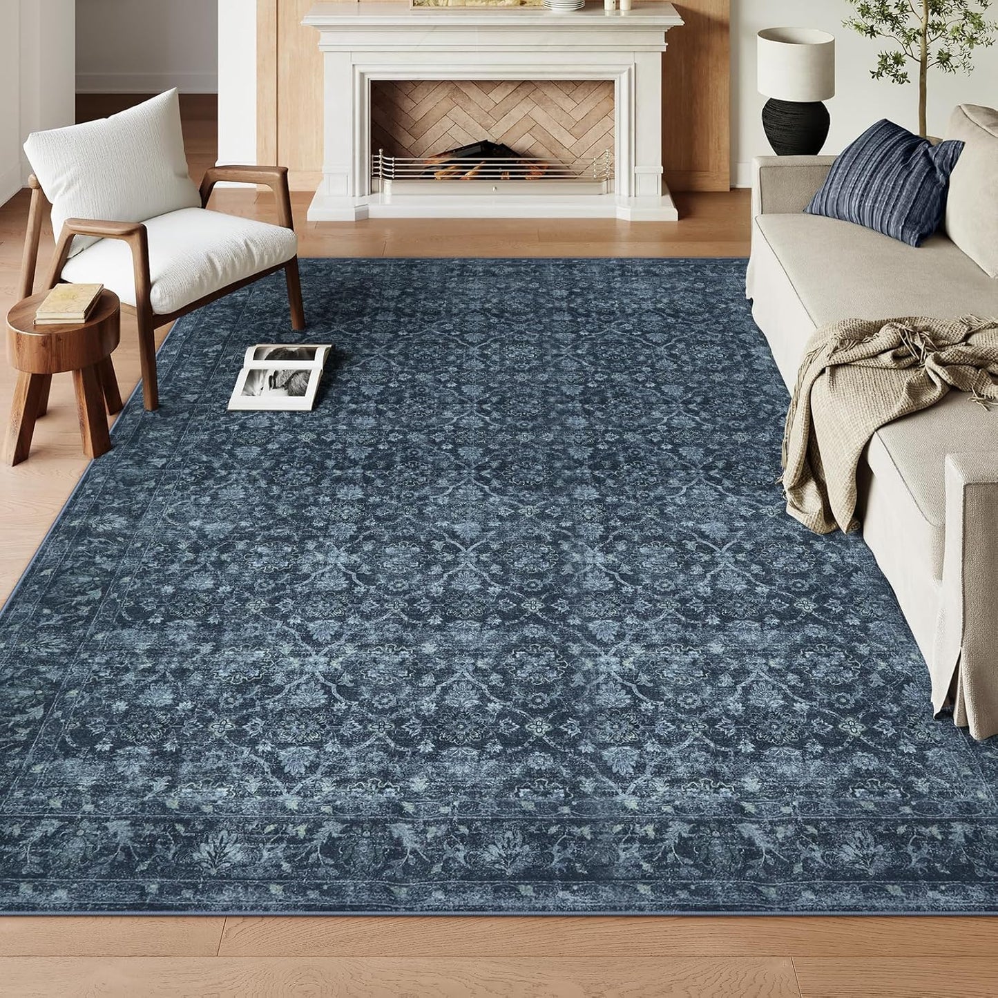 Vintage Blue Area Rugs for Living Room, Ultra-Thin 8x10 Design
