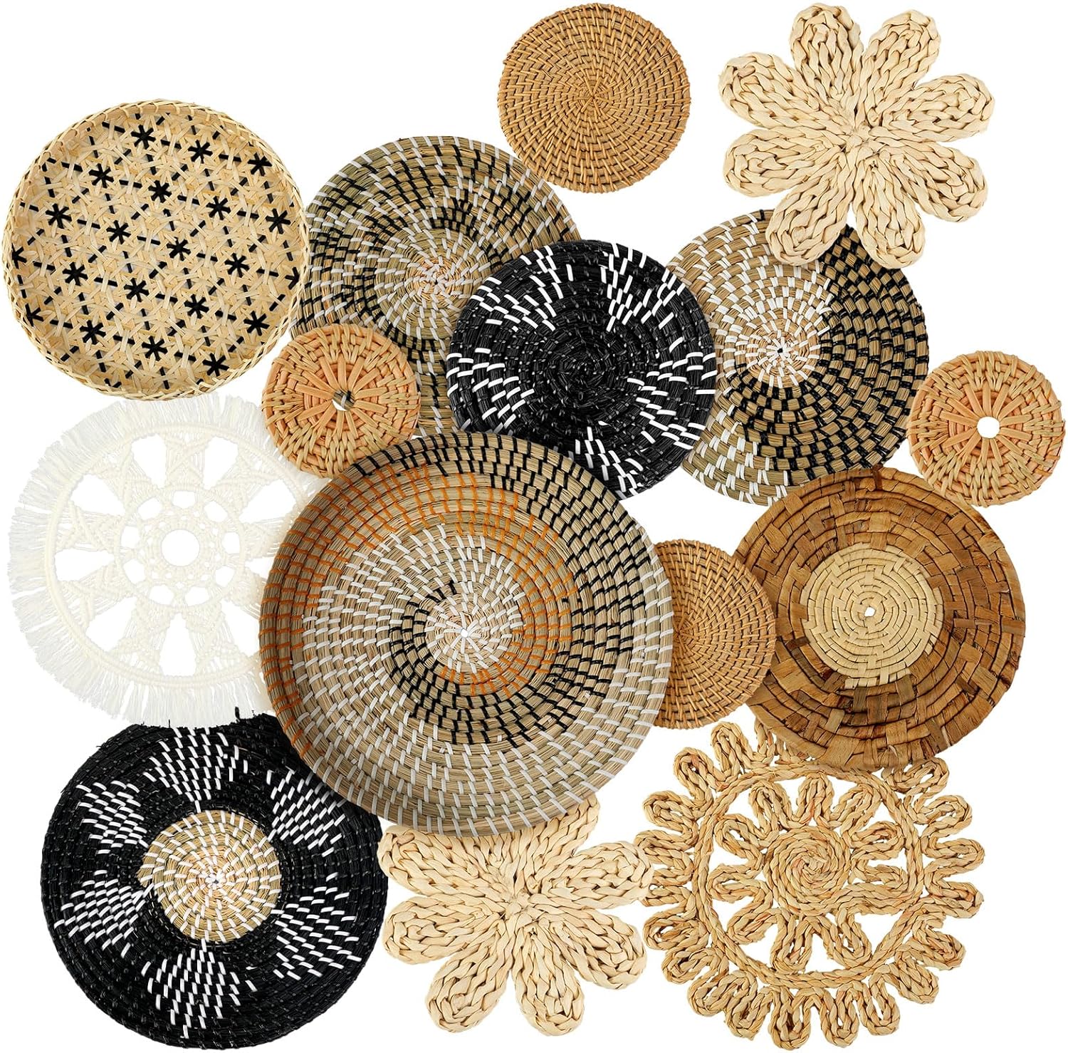 Boho Wall Basket Decor Set - 15 Handcrafted Seagrass Baskets