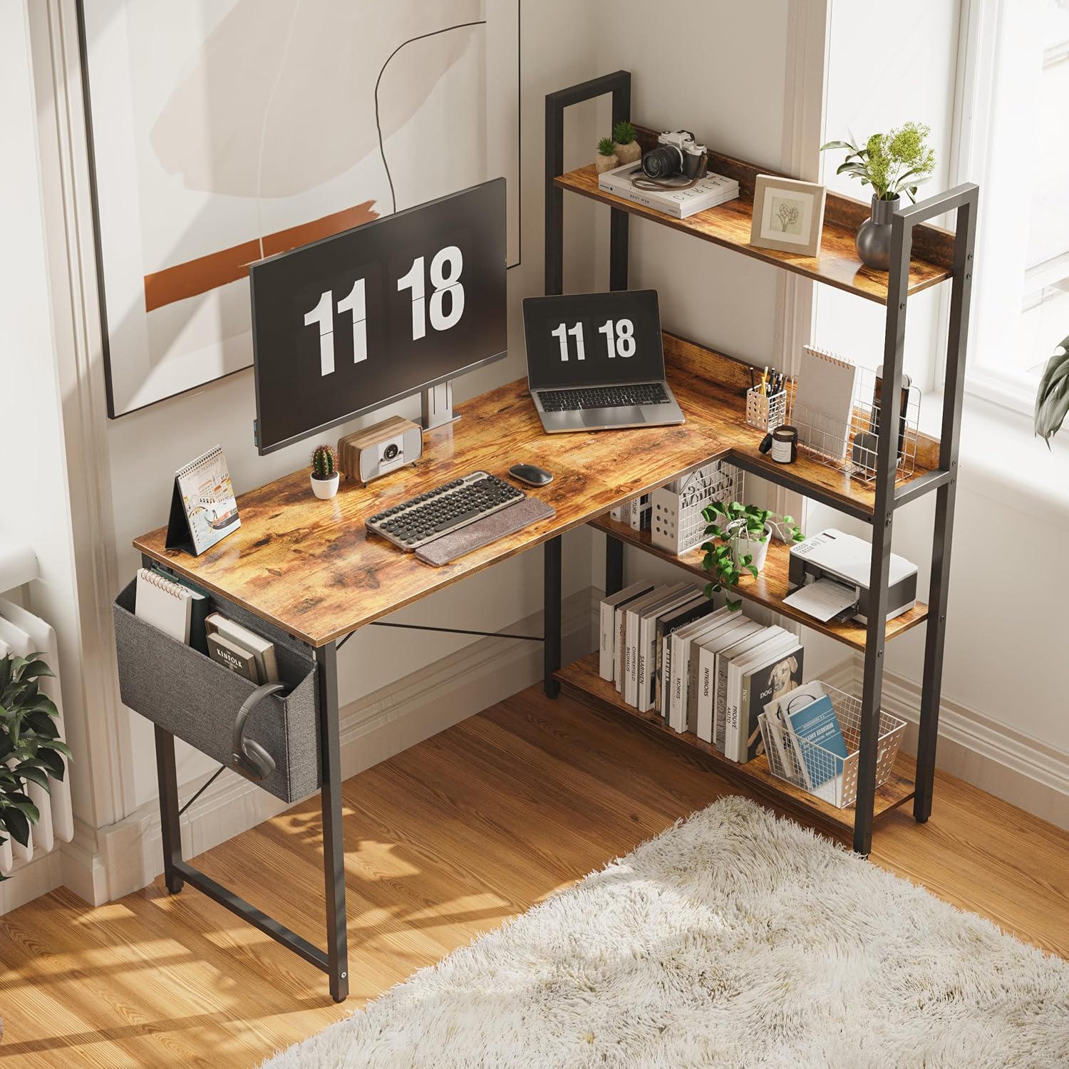 Corner Desk with Bookshelf, Storage, L Shaped - Home Office Essential