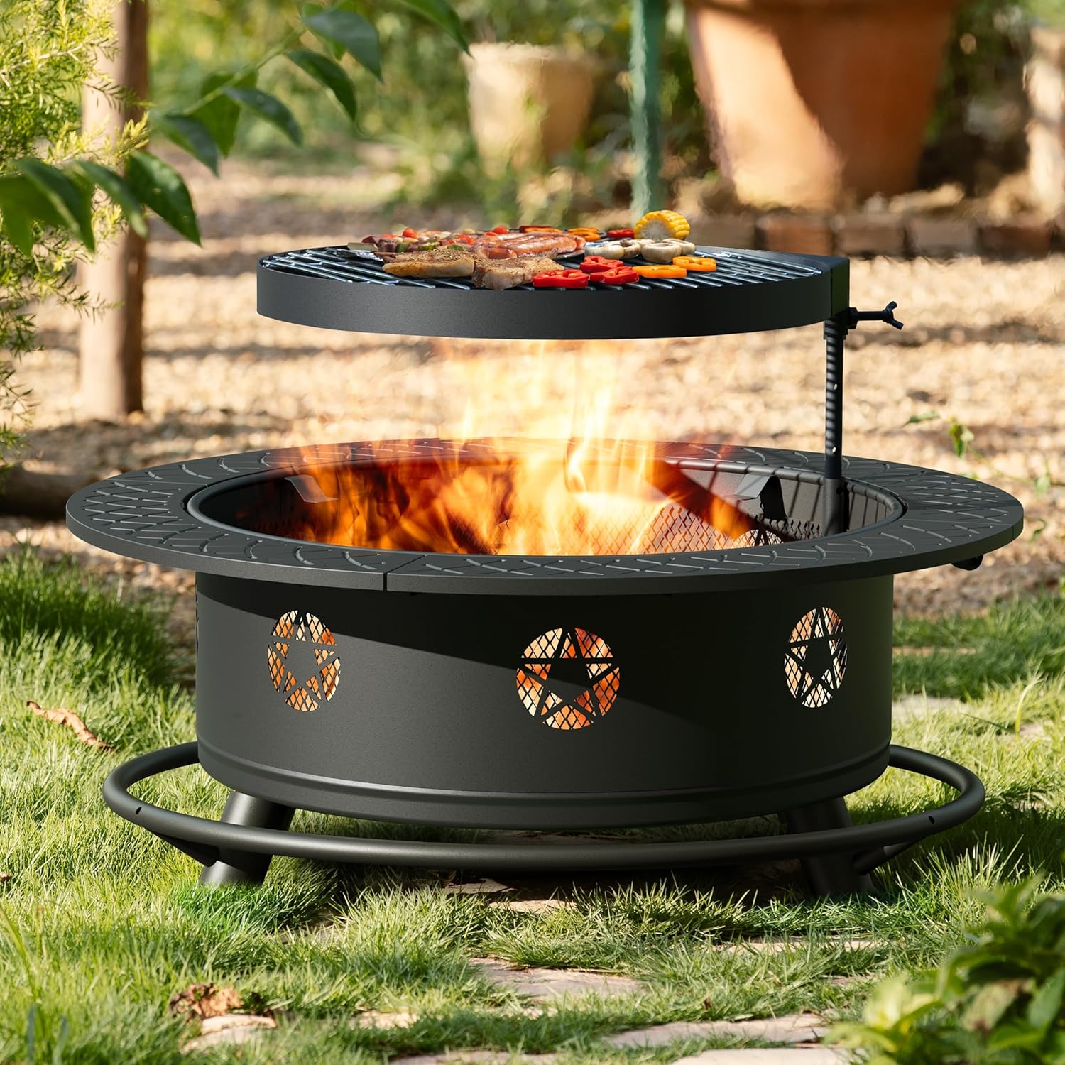 35 Inch Fire Pit with BBQ Grill for Outdoor Bonfire and Cooking