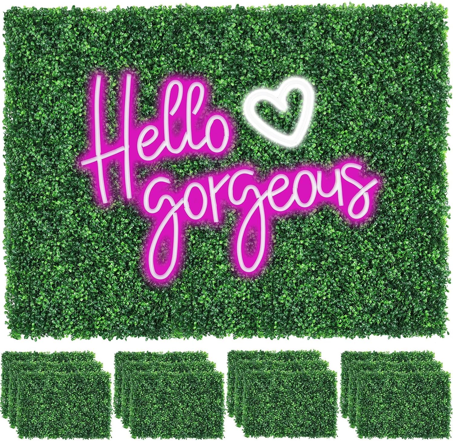 12 Pcs Artificial Grass Wall Panels with Neon Sign for Decor