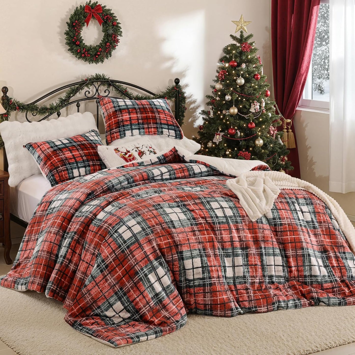 Christmas Queen Comforter Set with Red Plaid by JANZAA