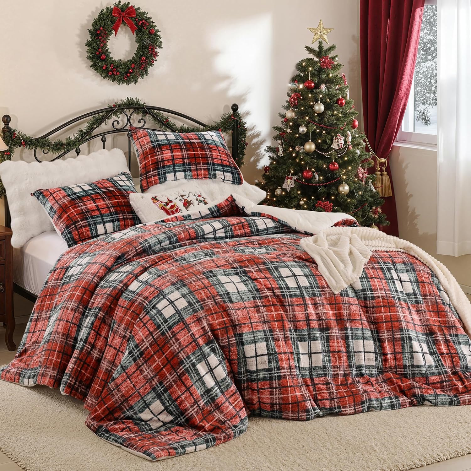 Christmas Queen Comforter Set with Red Plaid by JANZAA