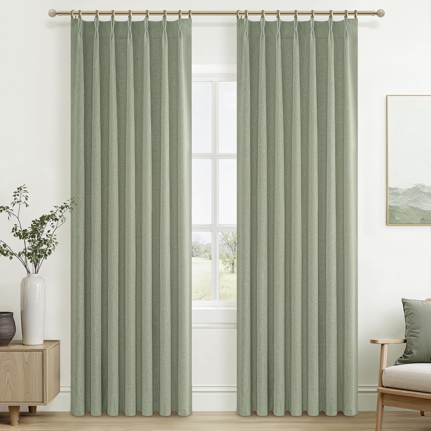 Sage Green Blackout Linen Curtains for Living Room and Bedroom