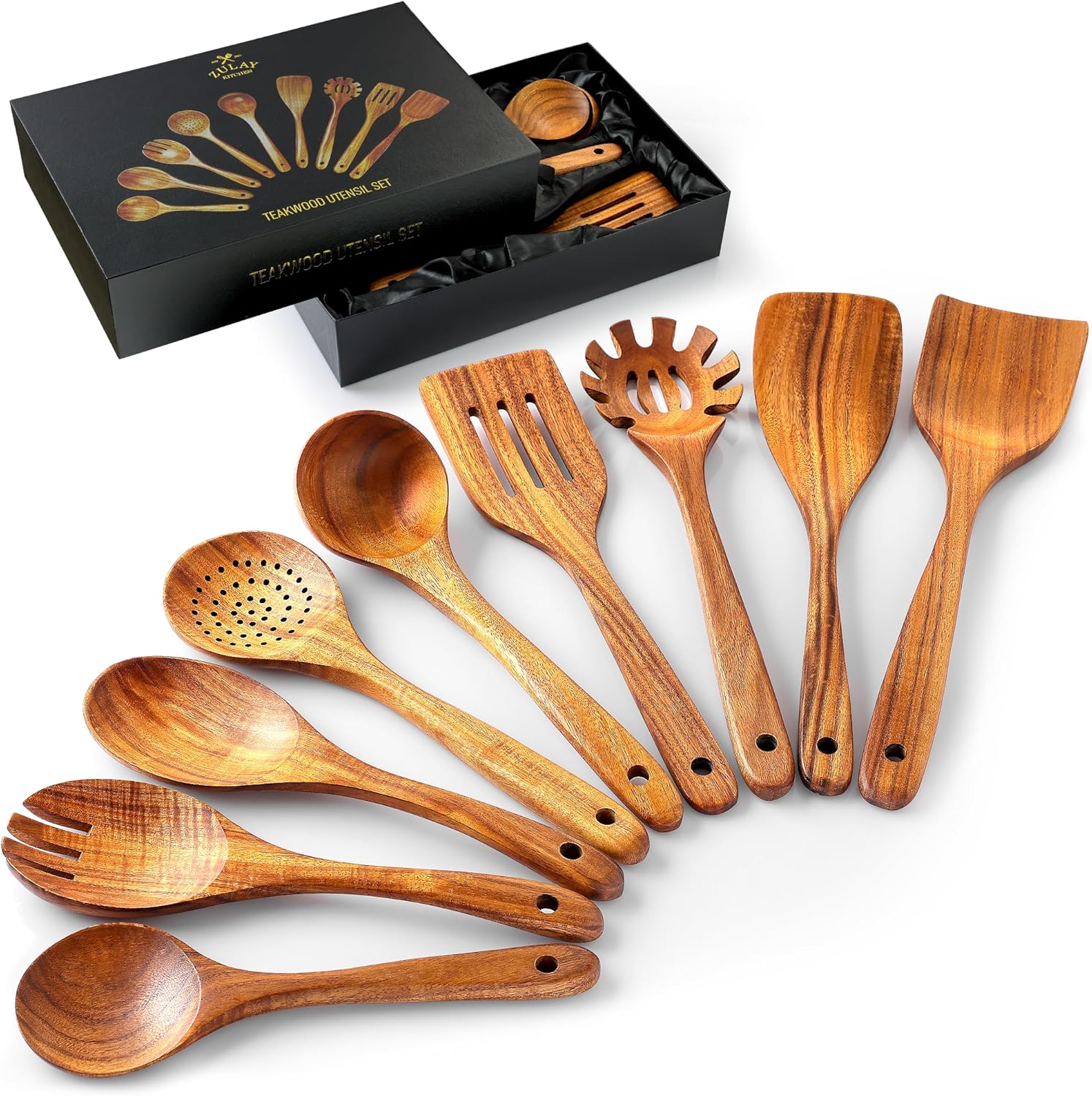 Zulay Kitchen 9-Piece Teak Wooden Utensil Set for Cooking