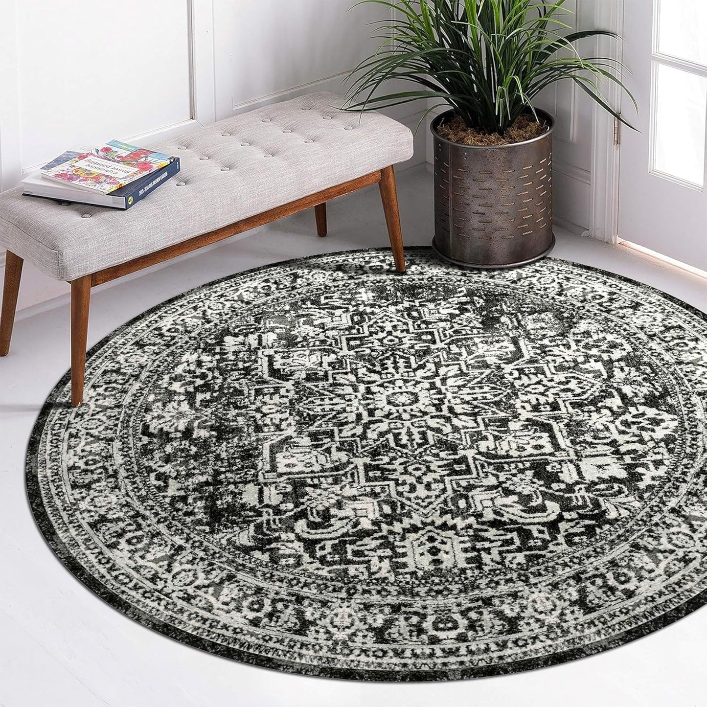 vivorug Round Rug 4ft Vintage-Inspired Non-Slip Indoor Carpet