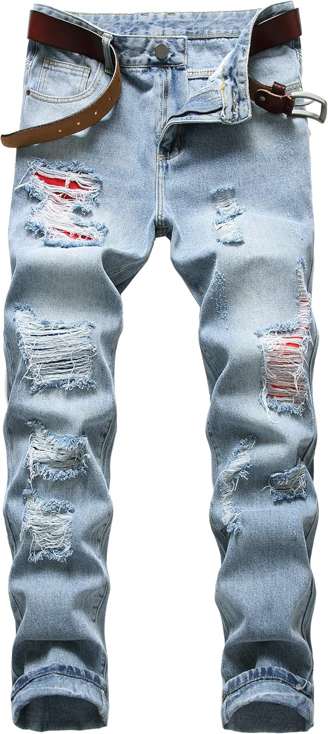 Men Ripped Jeans Slim Fit Straight Leg Denim Pants with Holes