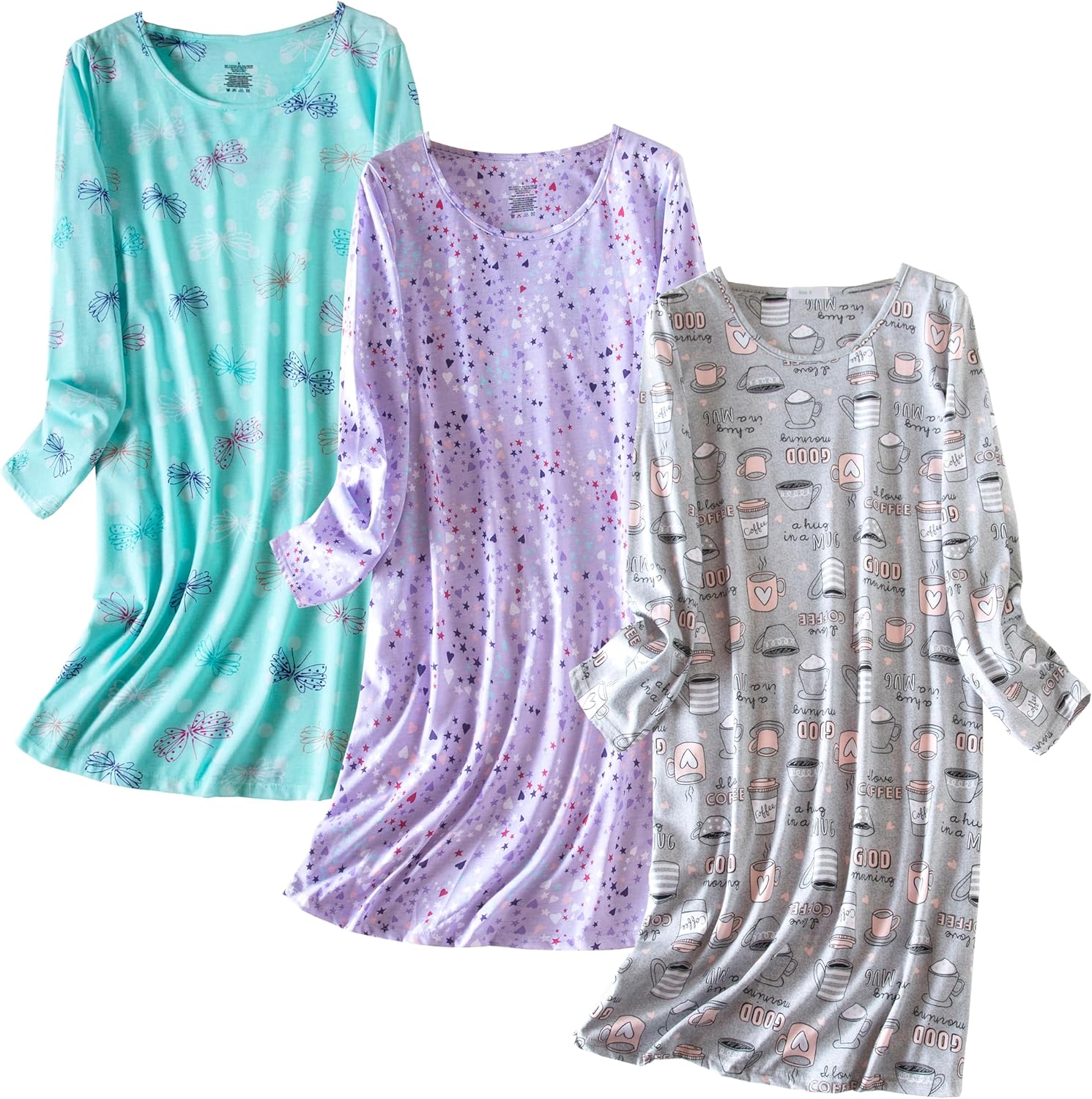 PNAEONG Women's Nightgown 3 Pack Long Sleeve Comfy Sleepwear