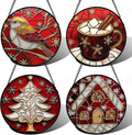 Stained Glass Window Hanging 4 Pcs Set Red Christmas Decorations