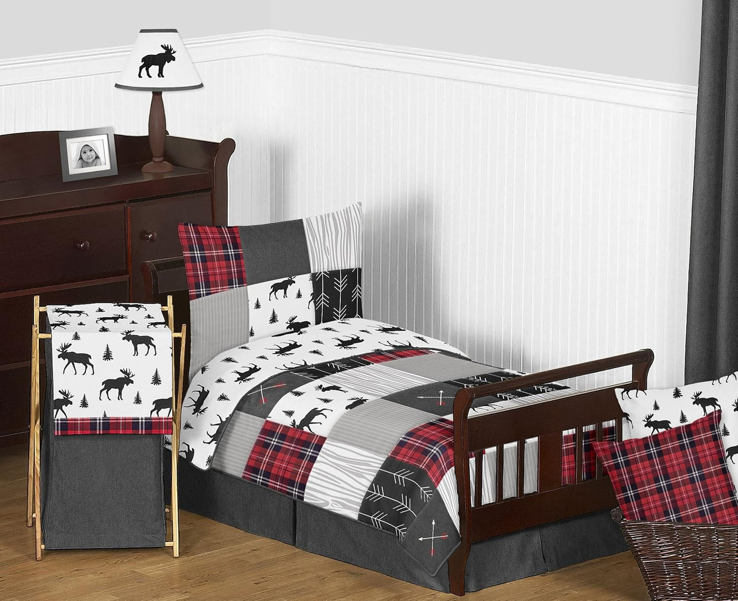 Grey, Black and Red Woodland Plaid Toddler Bedding Set 5 Pieces