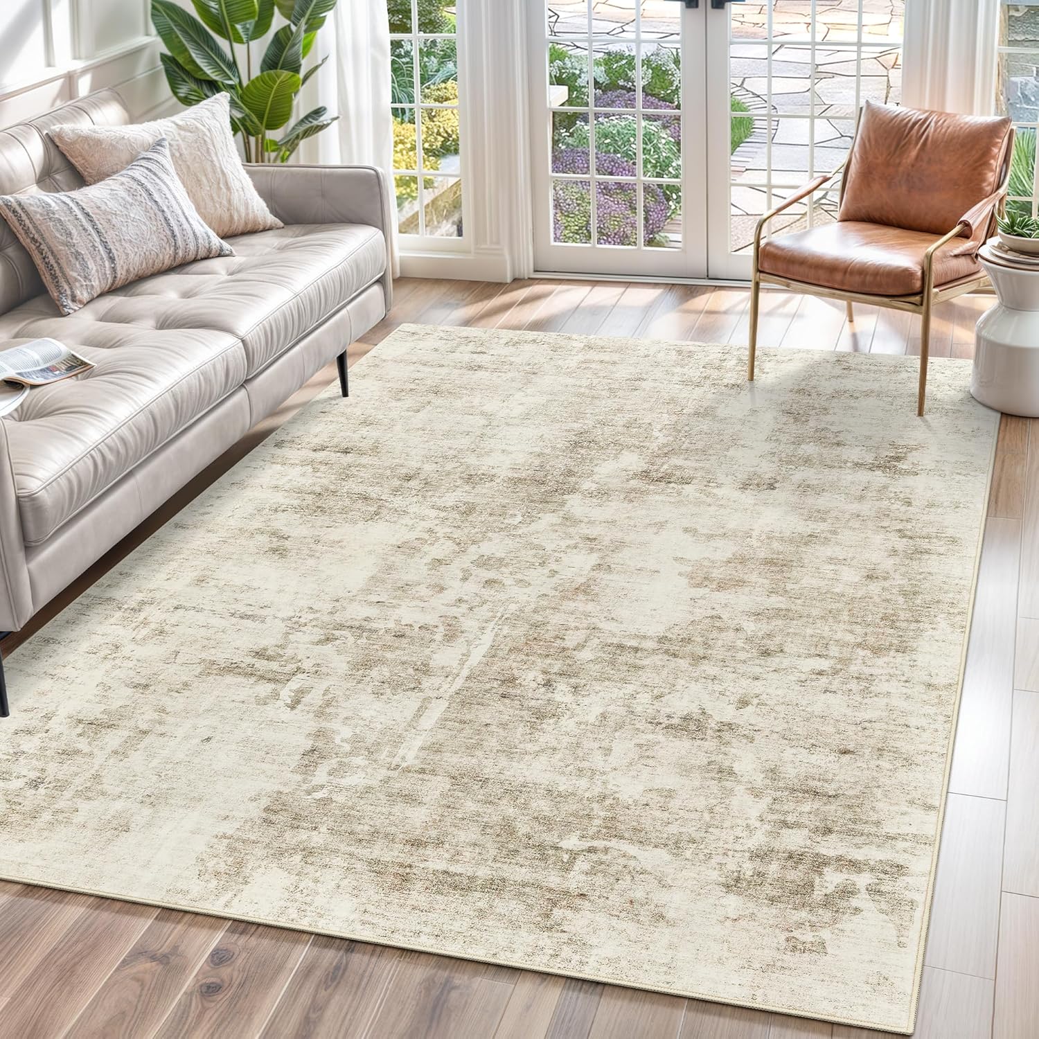Abstract Rug 5x7 Machine Washable Indoor Beige Gray White