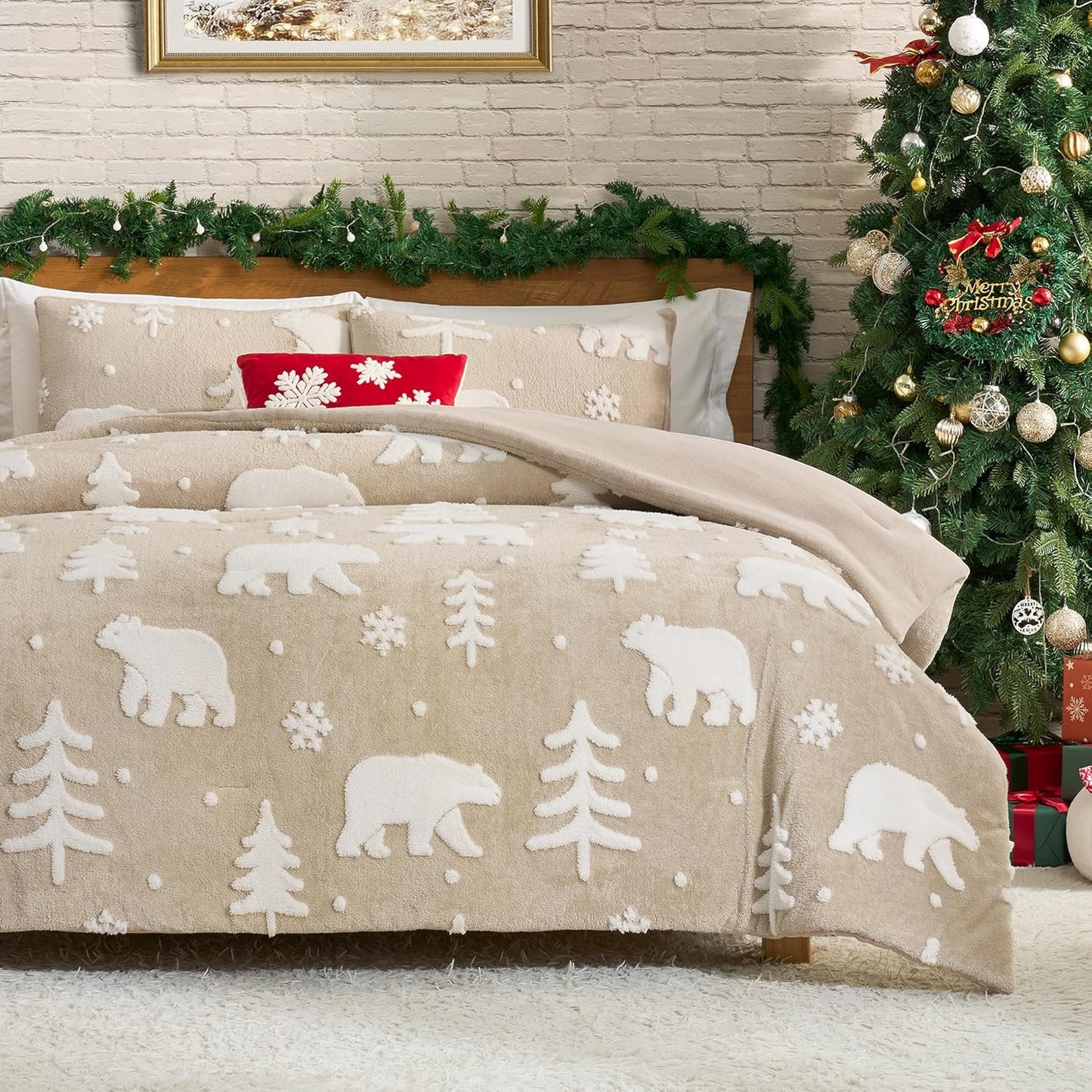 Fluffy Christmas Comforter Set Queen with Polar Bear Design