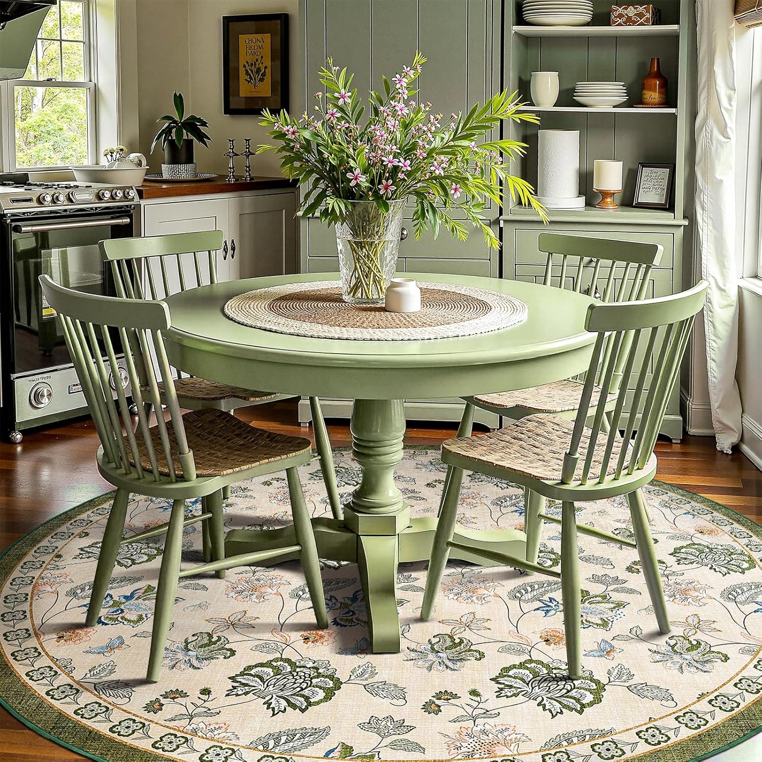 7ft Floral Round Rug for Dining Room - Vintage Romance Design