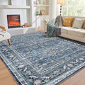 Vintage Blue Area Rug 10x14 - Soft Low-Pile Retro Washable Rug