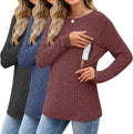 3 Pack Women's Nursing Long Sleeve Ribbed Tops - Hidden Zippers