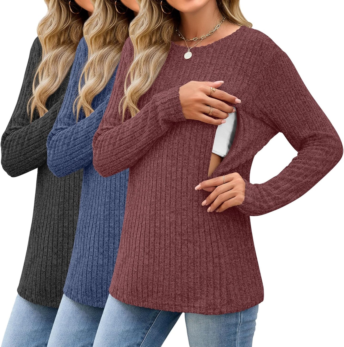 3 Pack Women's Nursing Long Sleeve Tops for Breastfeeding Comfort