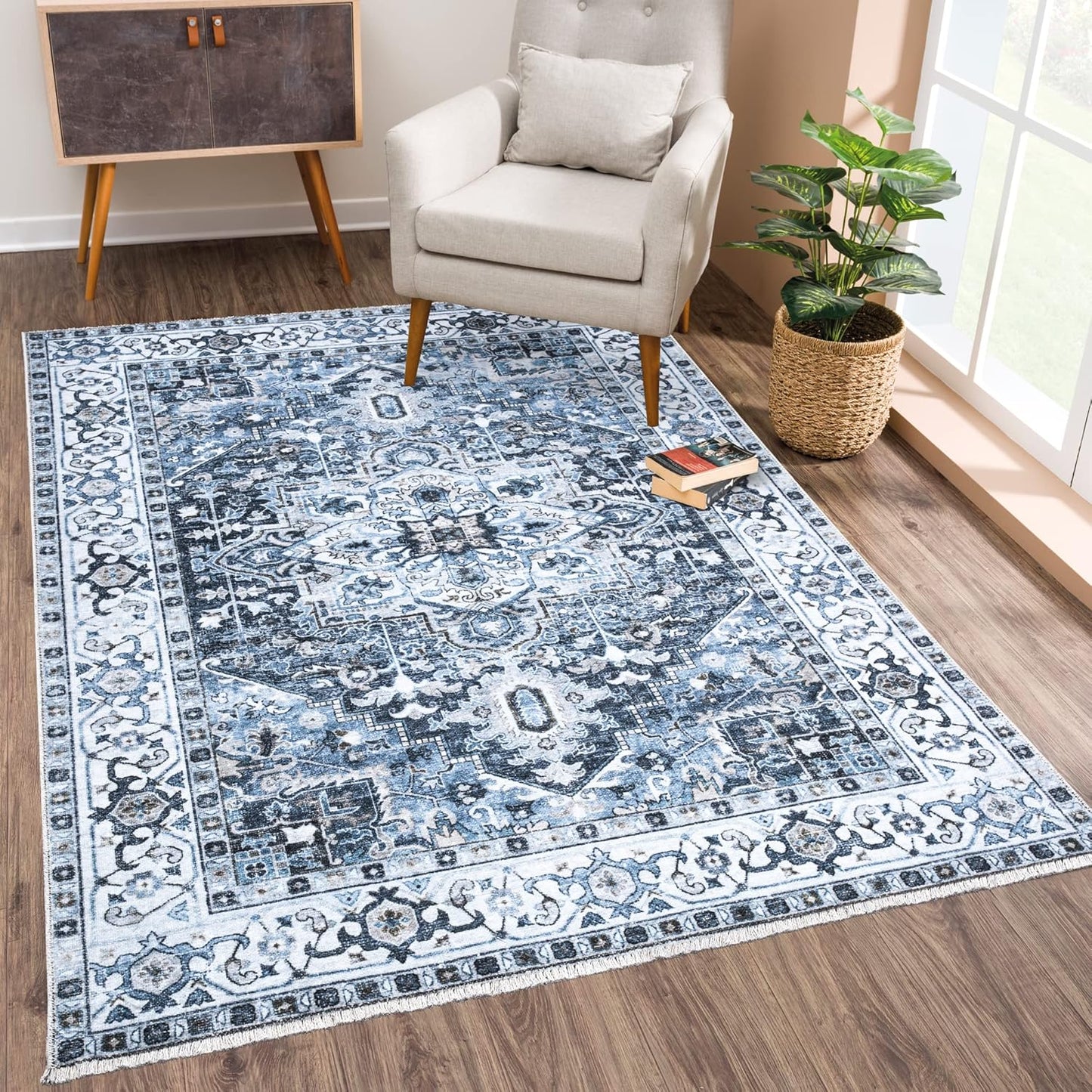 Caria Washable Non-Slip 3x5 Rug - Navy Blue Traditional Area Rug