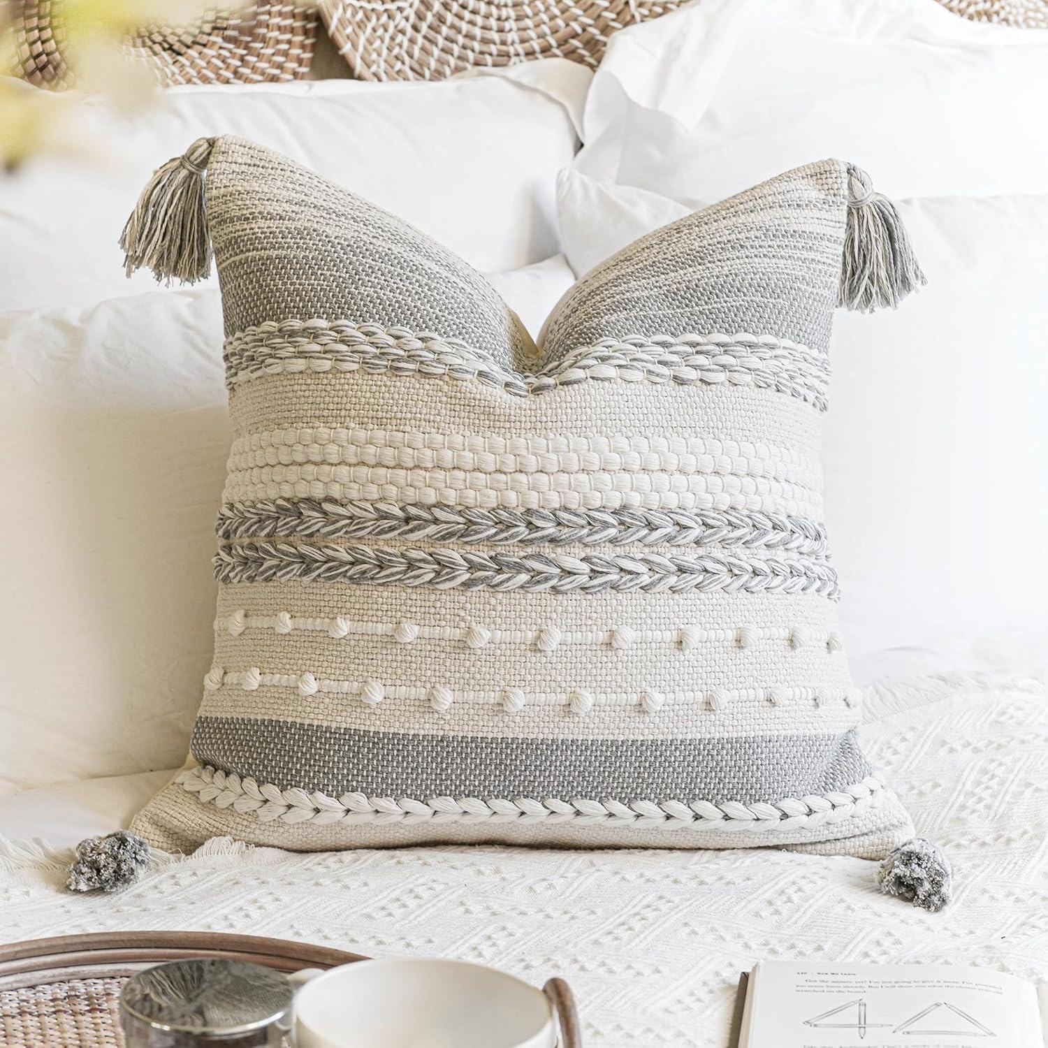 Gray Boho Decorative Throw Pillow Cover for Modern Home Decor