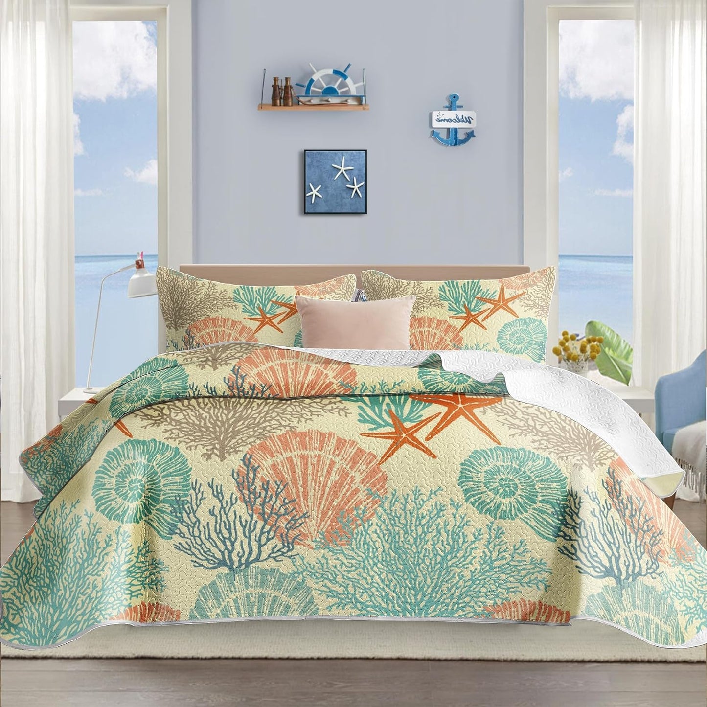 Coastal Quilt Sets Full/Queen Size - Reversible Beach Bedding