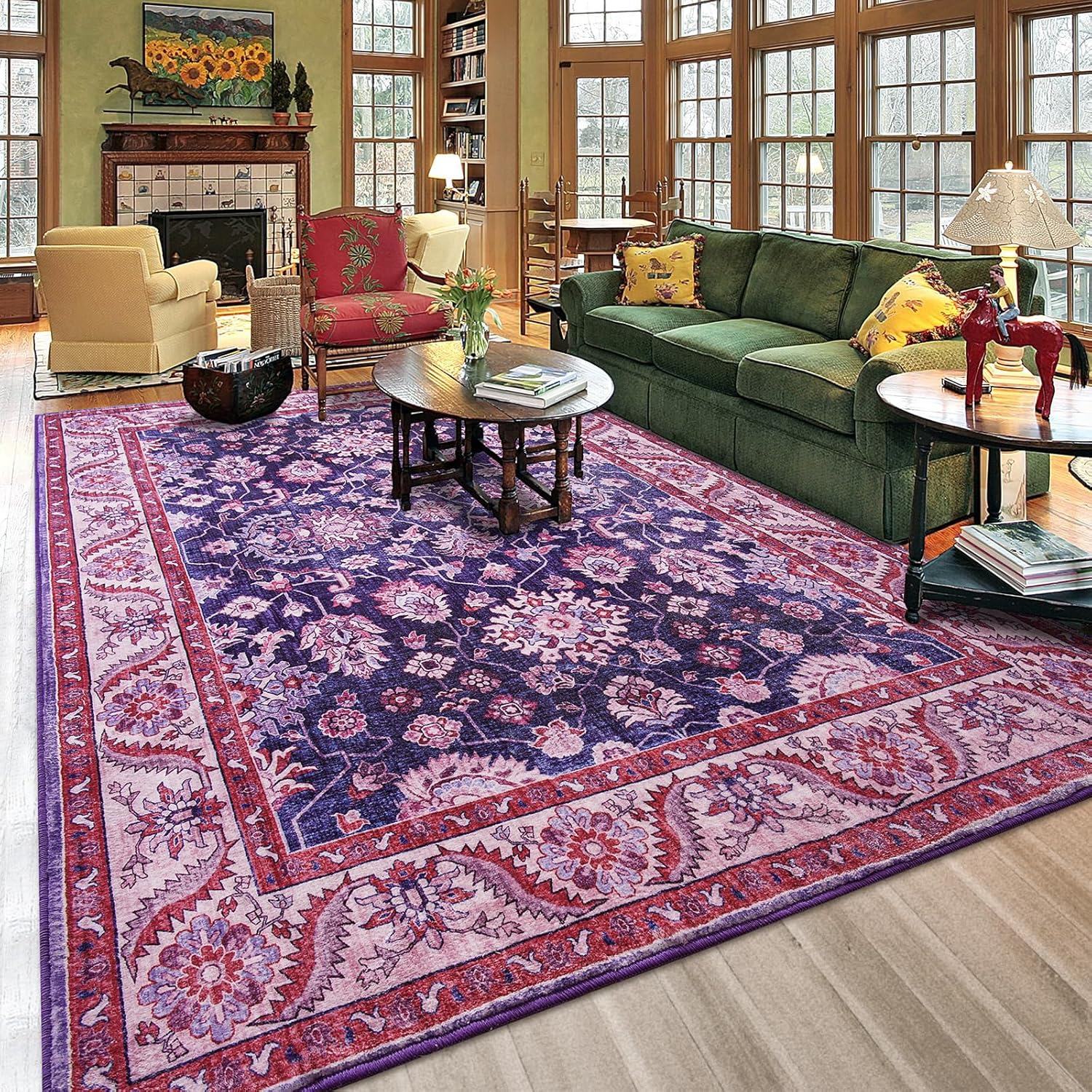 Washable 5x7 Area Rug for Living Room with Retro Floral Design