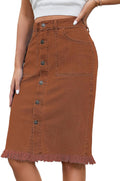 Denim Midi Skirt Button Down Raw Hem - Chic Mid Rise Pencil