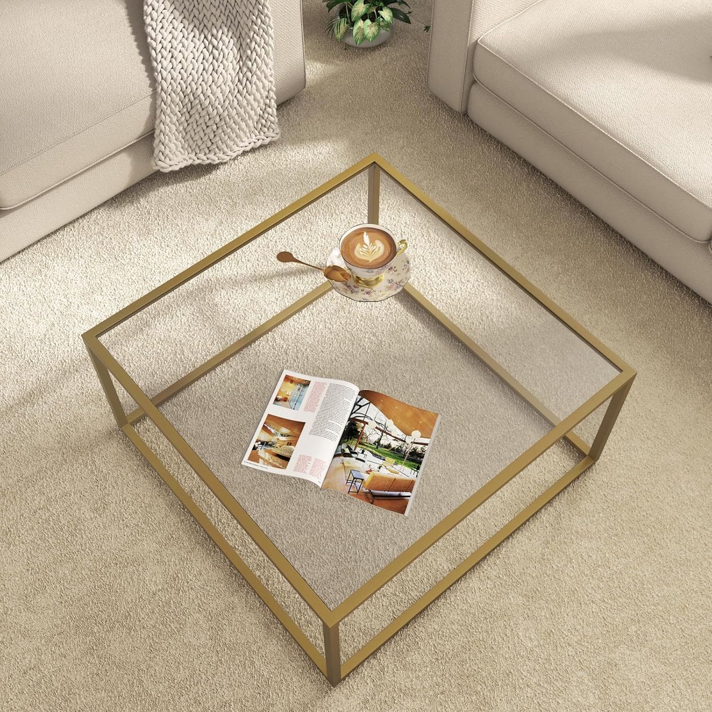 SAYGOER Gold Glass Coffee Table: Modern Elegance for Small Spaces