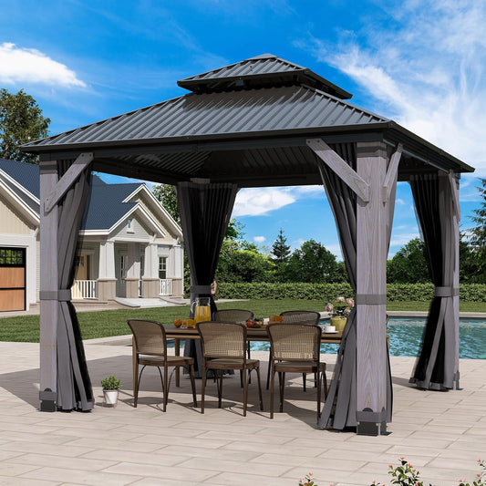 10 x10FT Wood Gazebo with Double Vented Hardtop Design