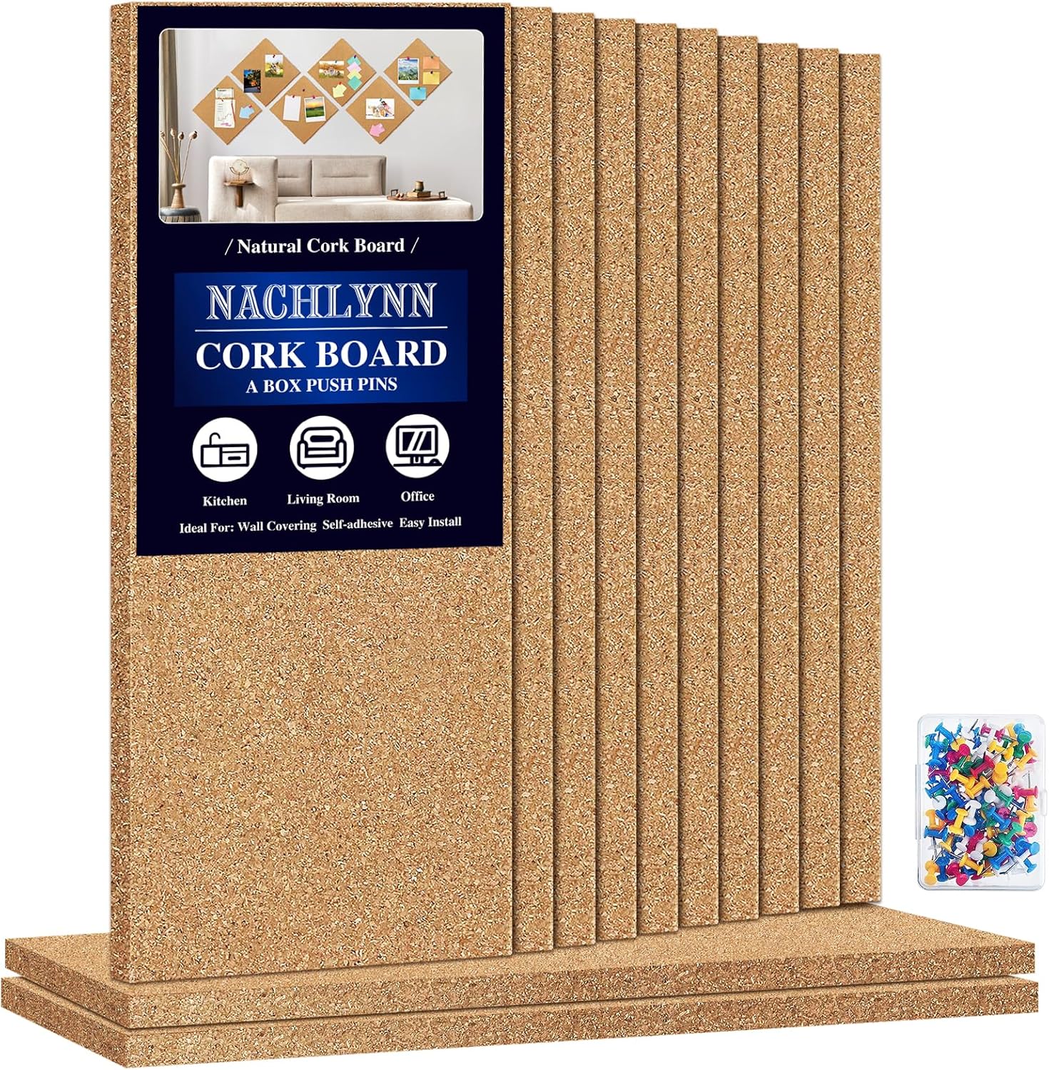 NACHLYNN Cork Board 12 Pack for Wall with 100 Push Pins