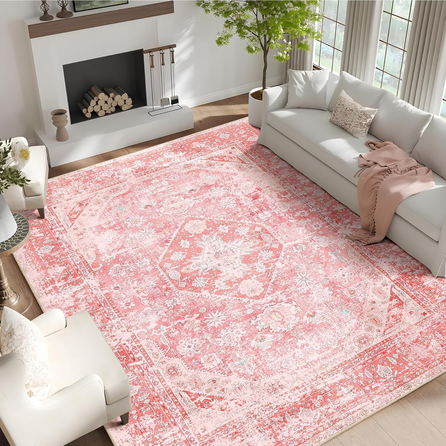 MUJOO 9x12 Area Rug Washable Pink Vintage Floral for Home