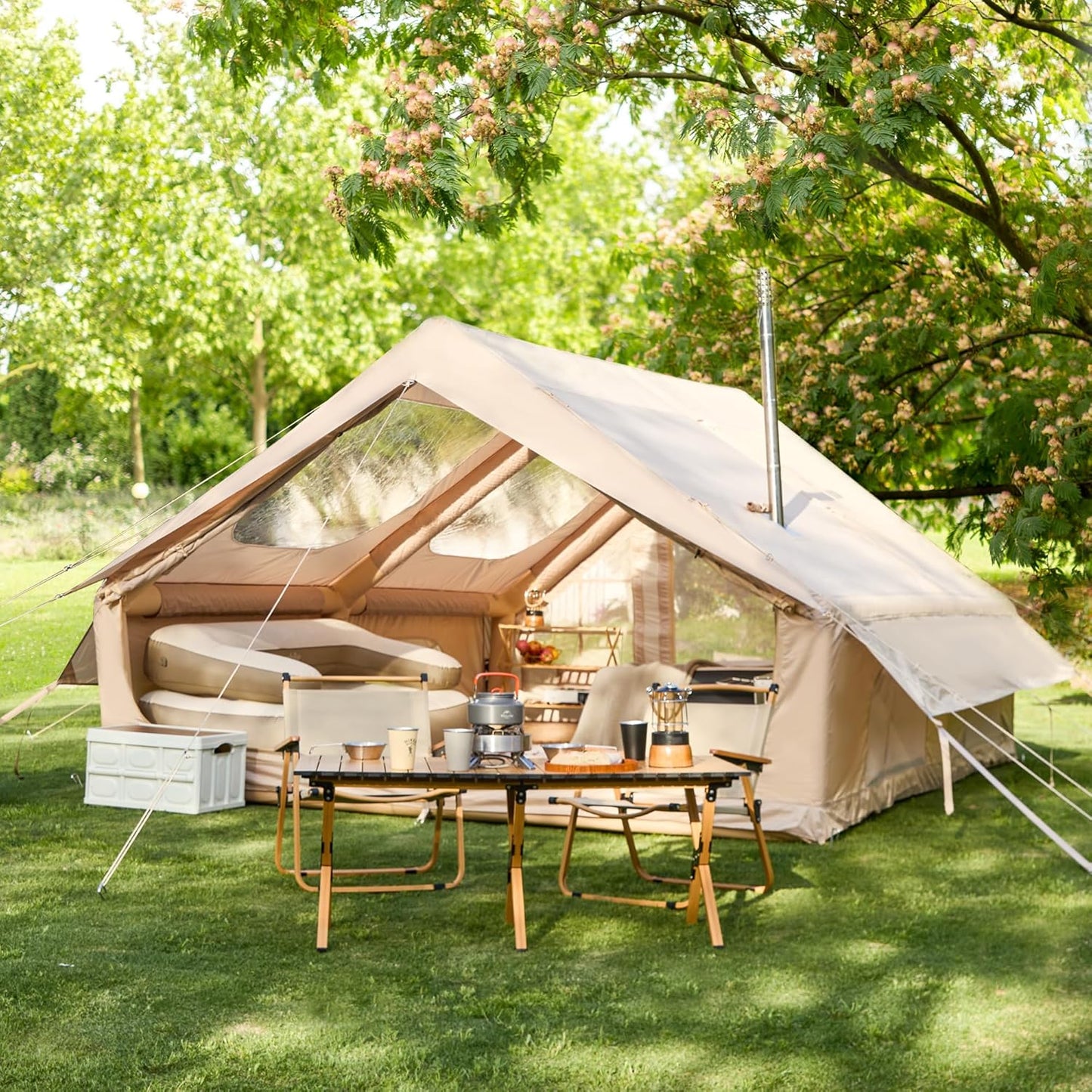 YOLENY 13x10FT Inflatable Tent: Clear Skylight, Stove Jack, Waterproof - Ultimate Camping Comfort!