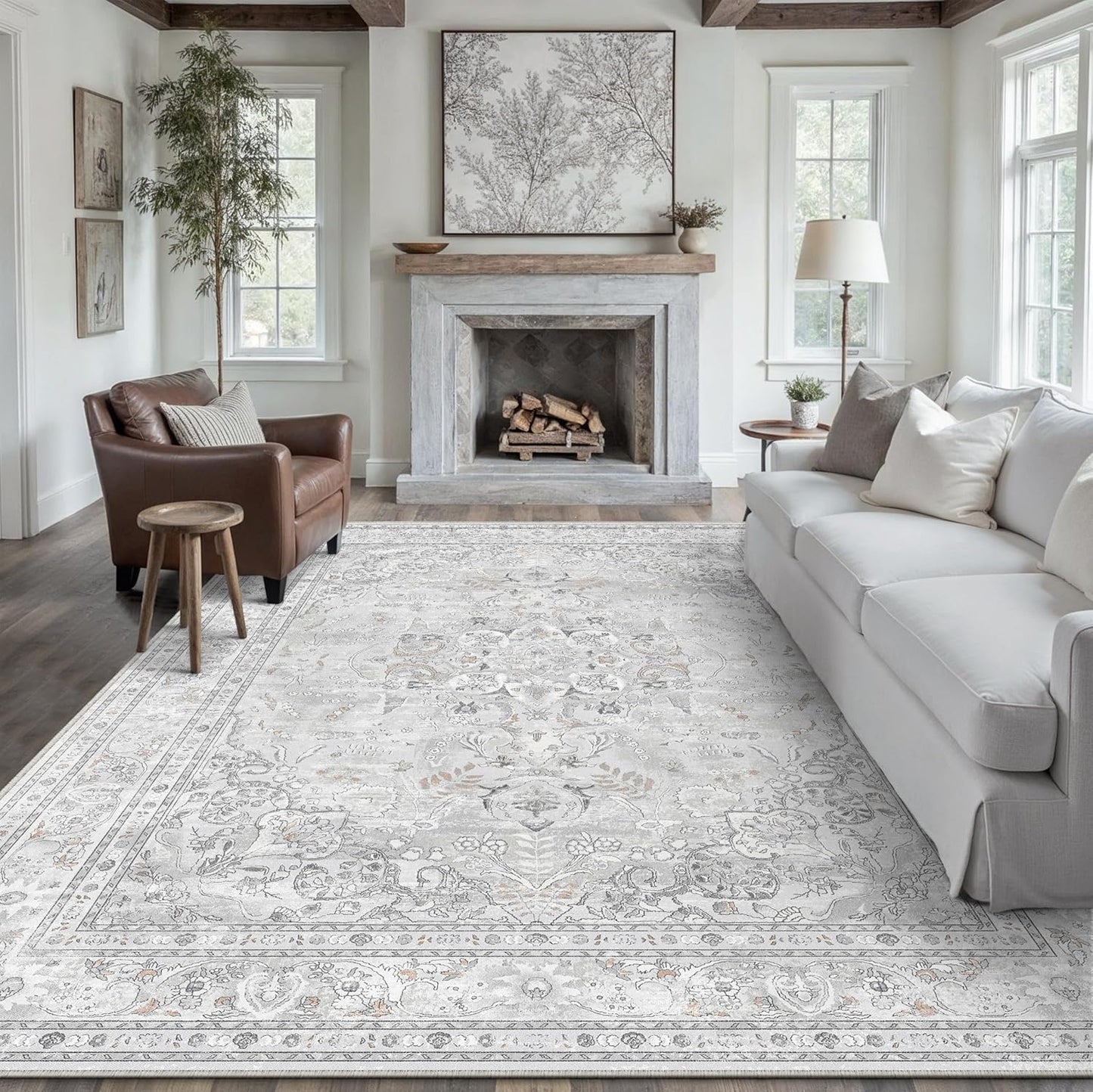 Grey 8x10 Area Rug Washable Vintage Carpet for Living Room