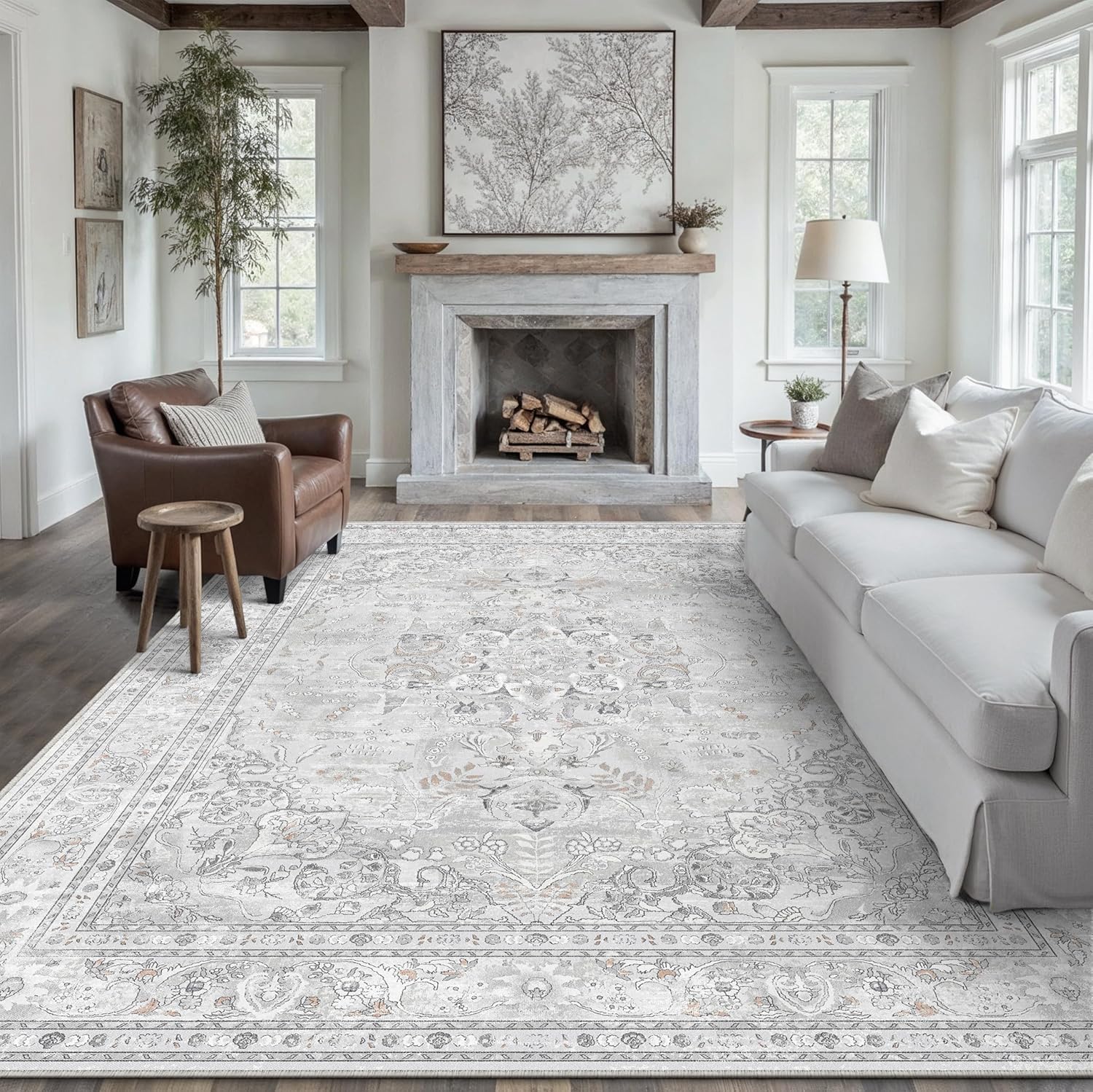 Grey 8x10 Area Rug Washable Vintage Carpet for Living Room