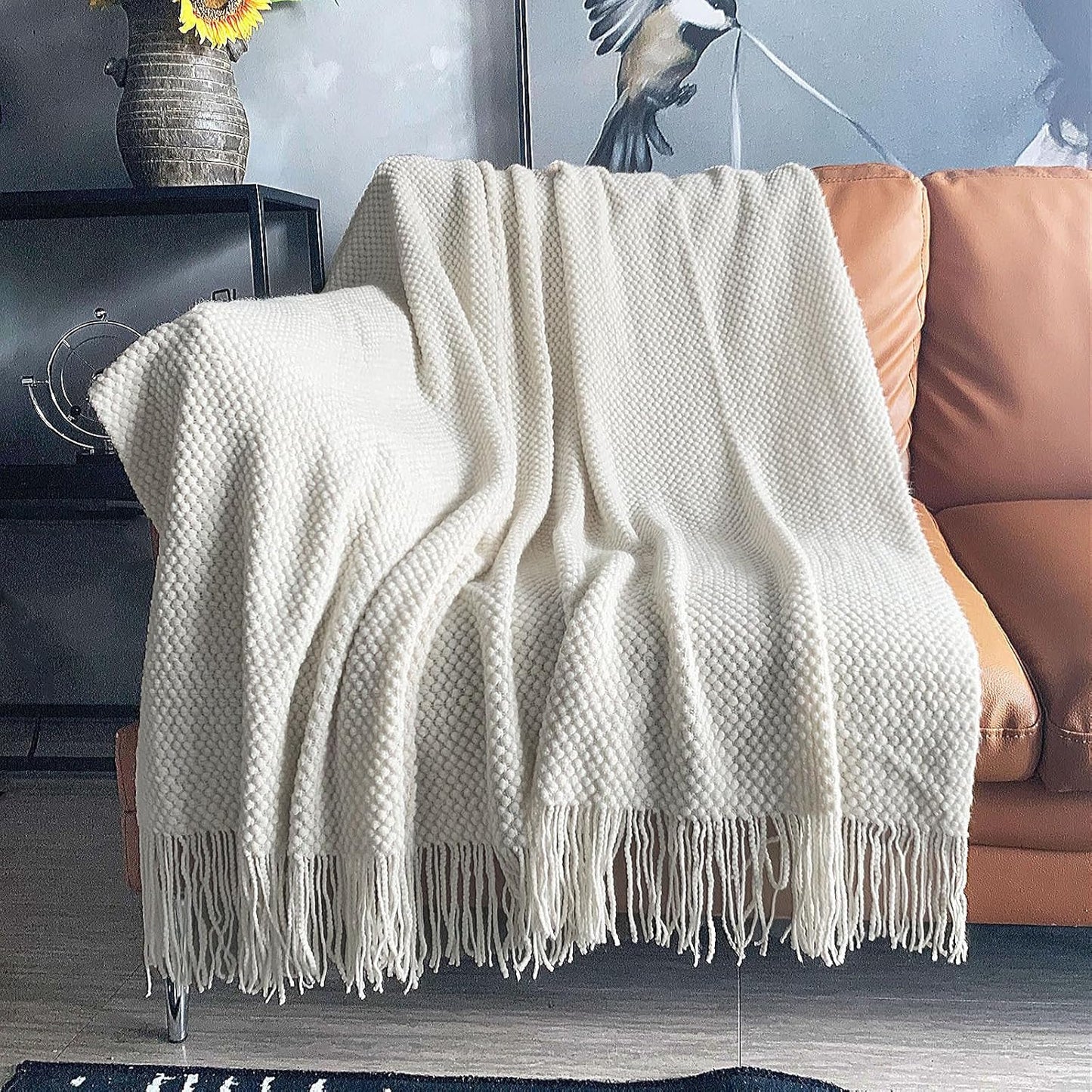 LOMAO Knitted Throw Blanket with Tassels for Cozy Home Decor