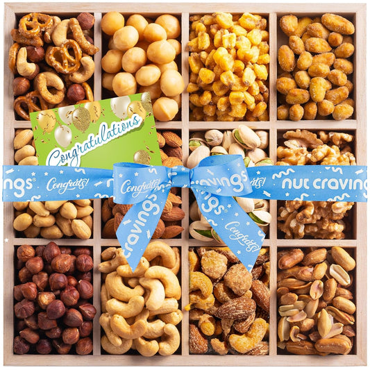 Gourmet Nuts Gift Basket with Congrats Ribbon in Wooden Tray