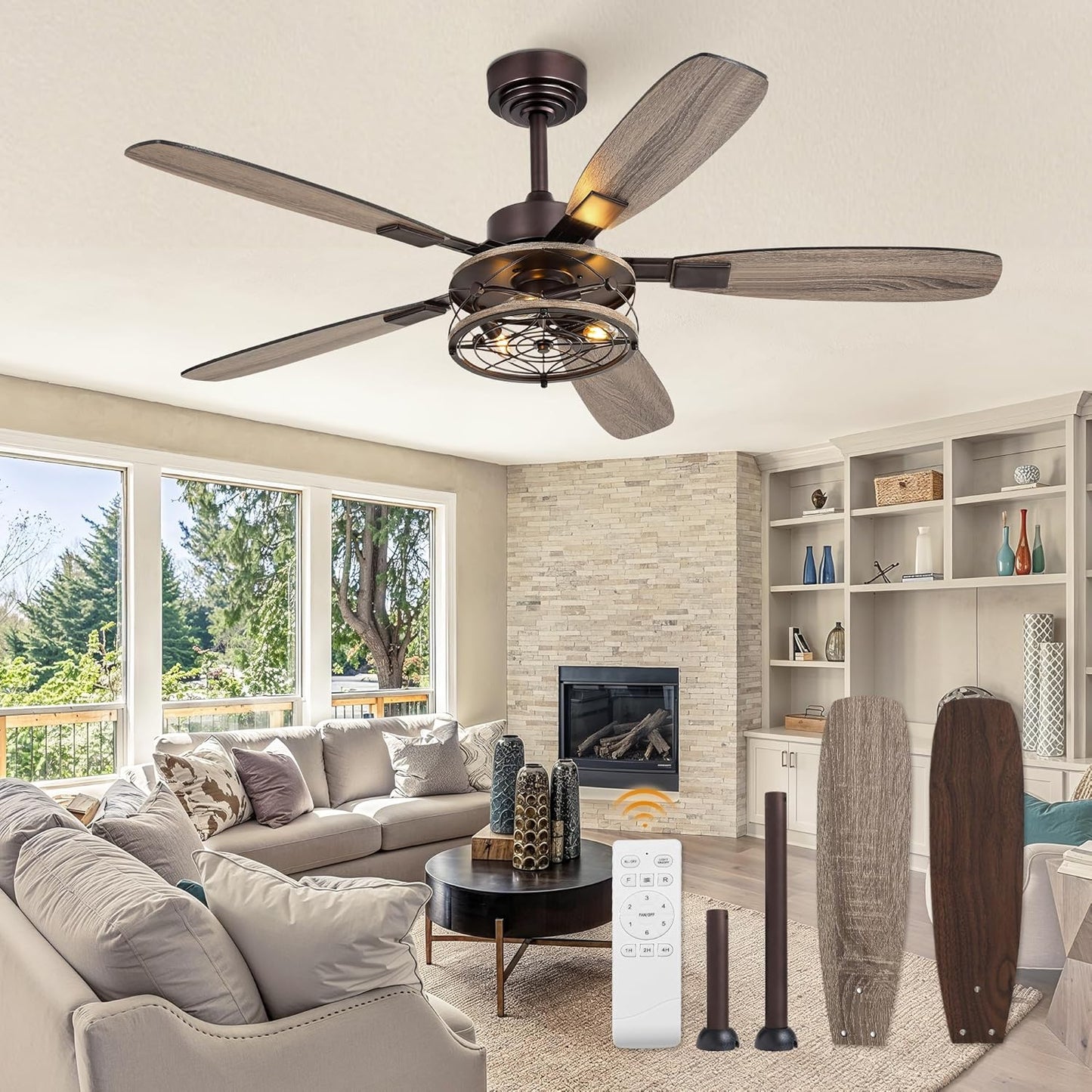 52 Inch Farmhouse Ceiling Fan with Light and Remote Control