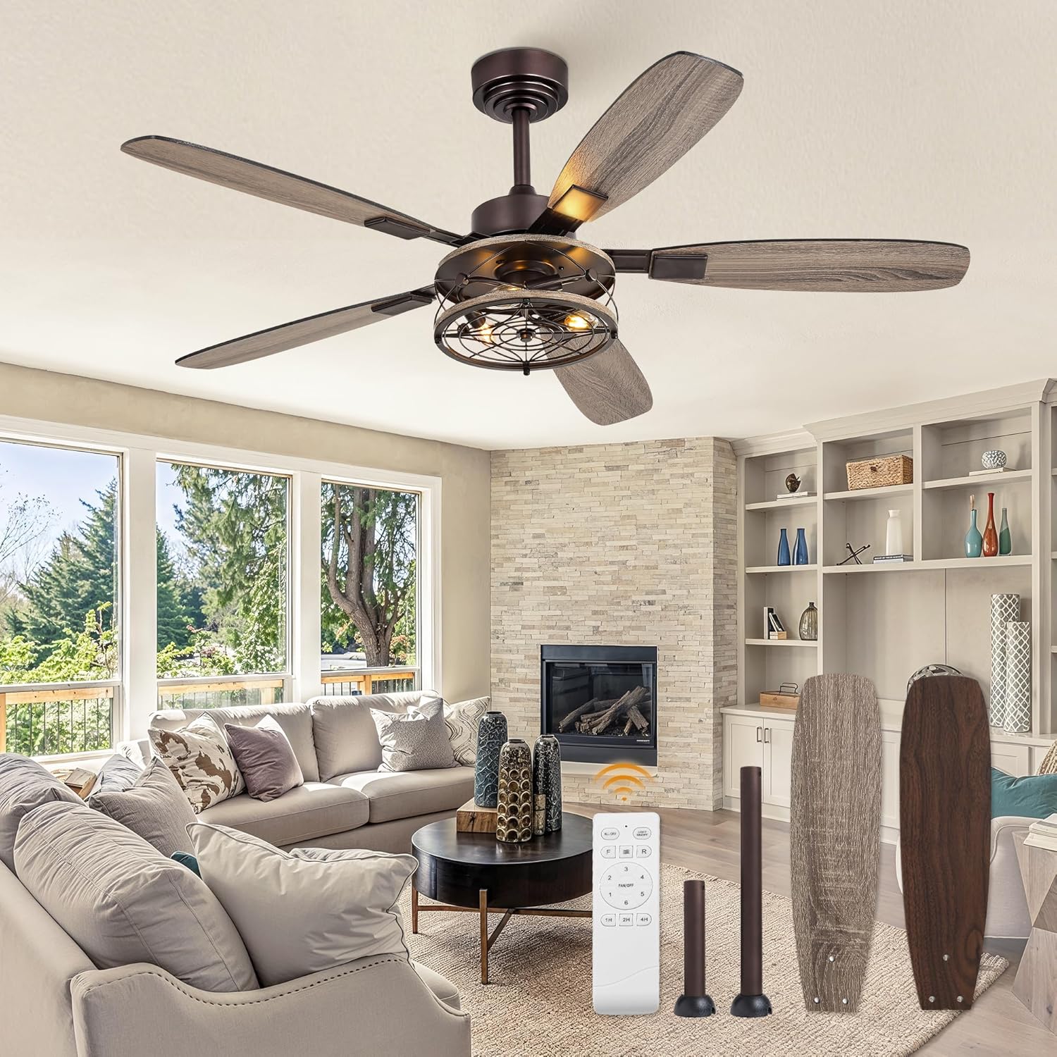 52 Inch Farmhouse Ceiling Fan with Light and Remote Control