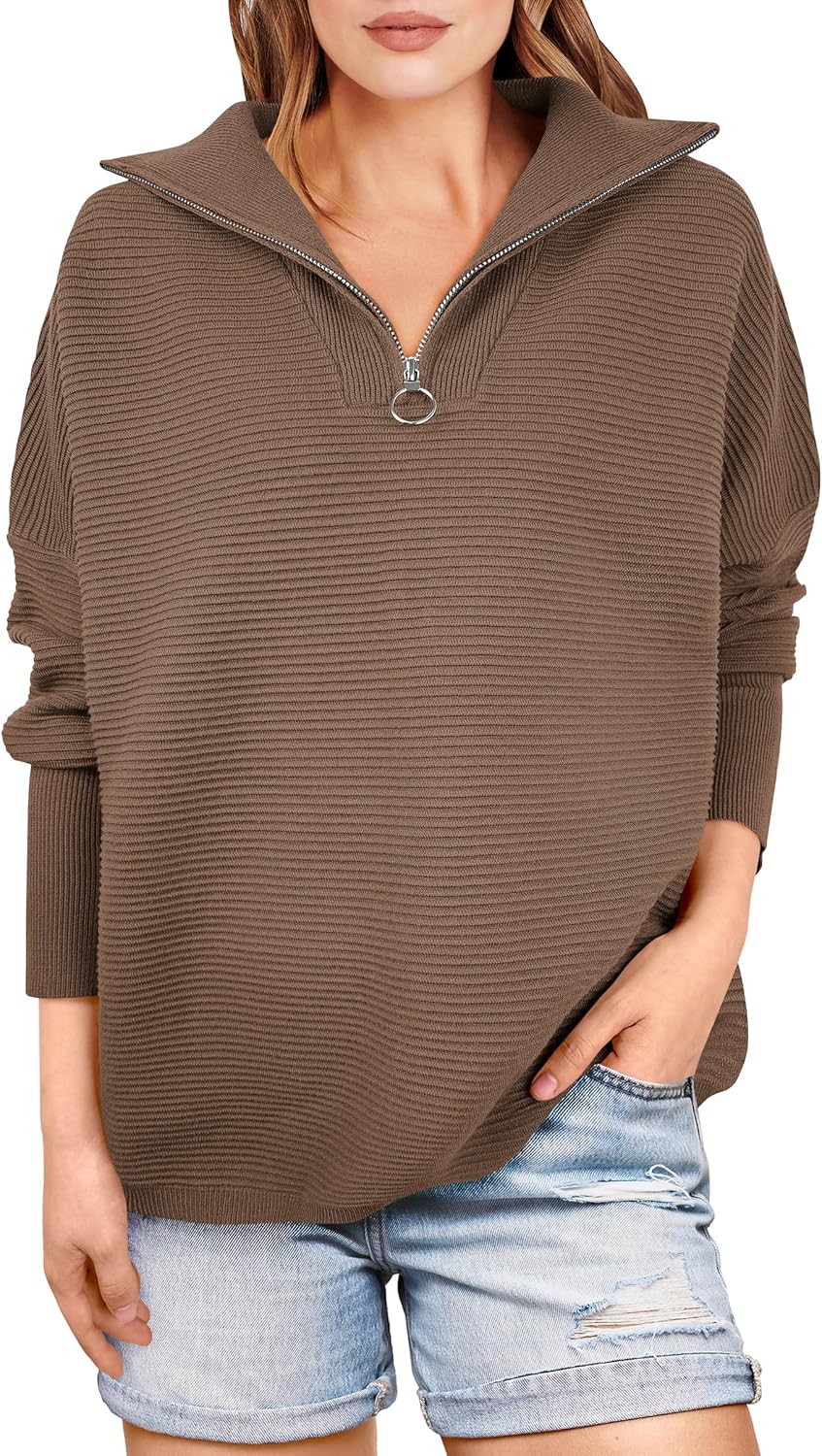 ANRABESS Women Quarter Zip Oversized Cozy Pullover Sweater