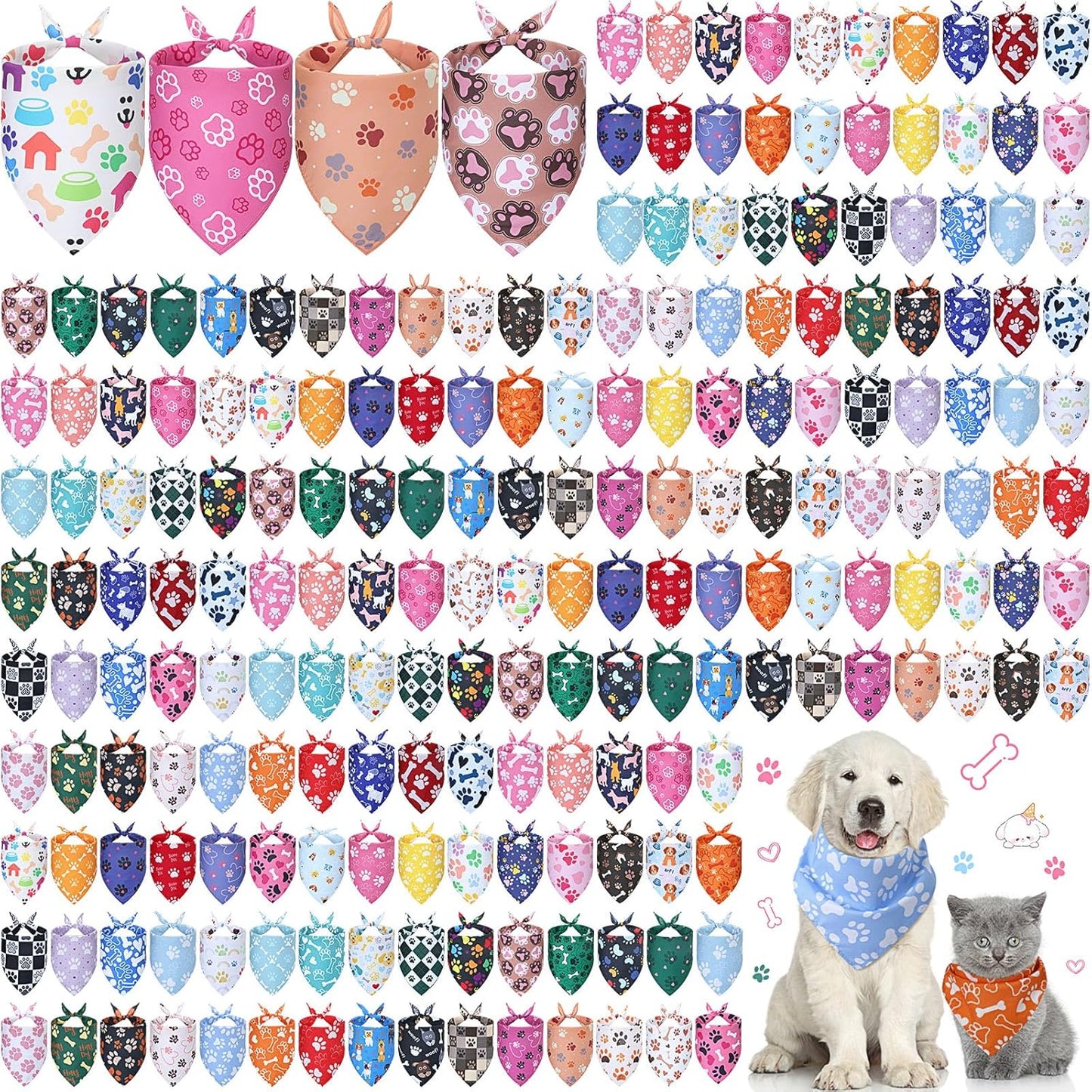 200 Pcs Dog Bandanas with Paw Prints for Pets and Grooming