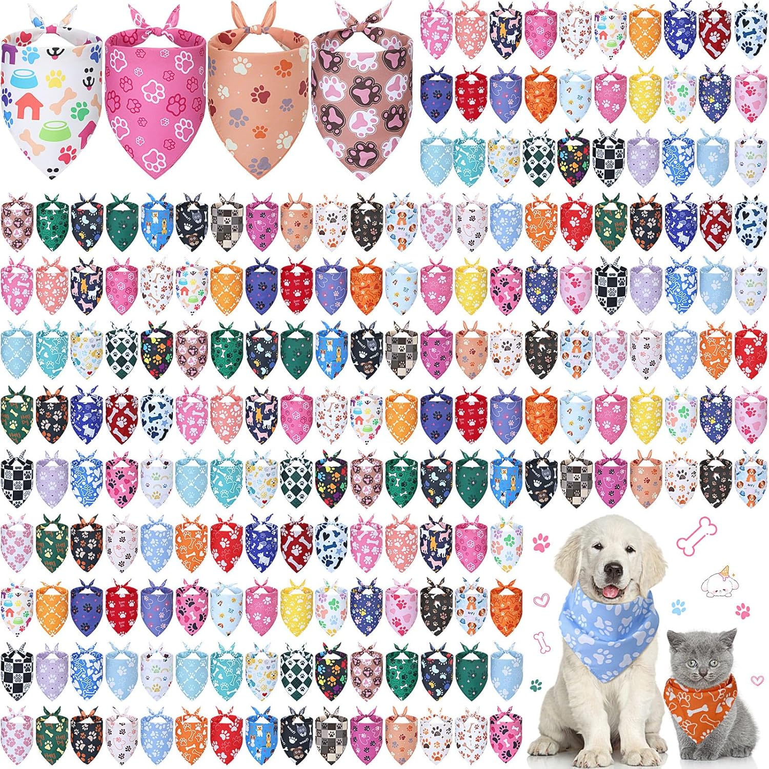 200 Pcs Dog Bandanas with Paw Prints for Pets and Grooming