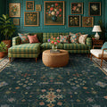 Dark Green Vintage 8x10 Washable Rug for Living Room - Low Pile