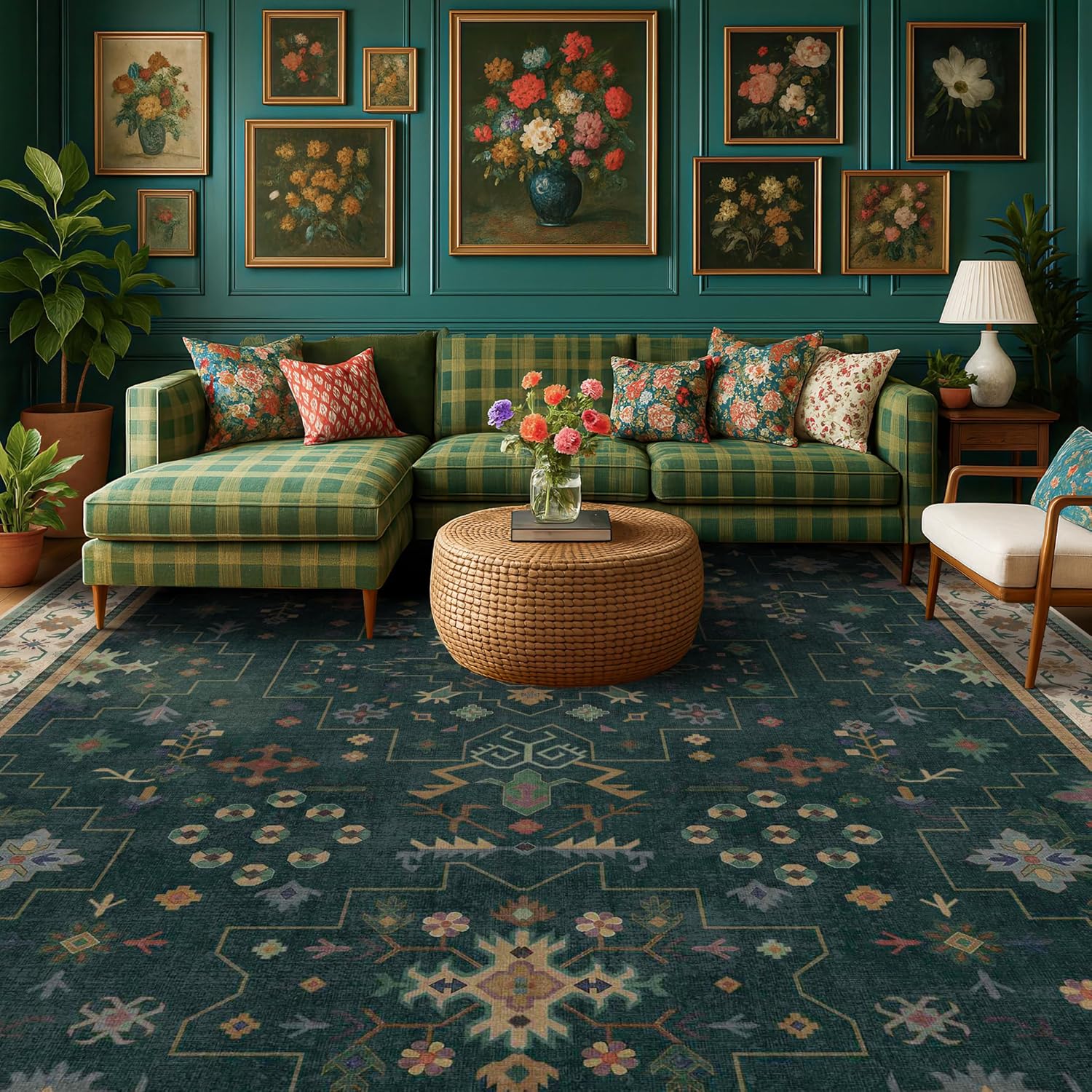 Dark Green Vintage 8x10 Washable Rugs for Living Room Decor