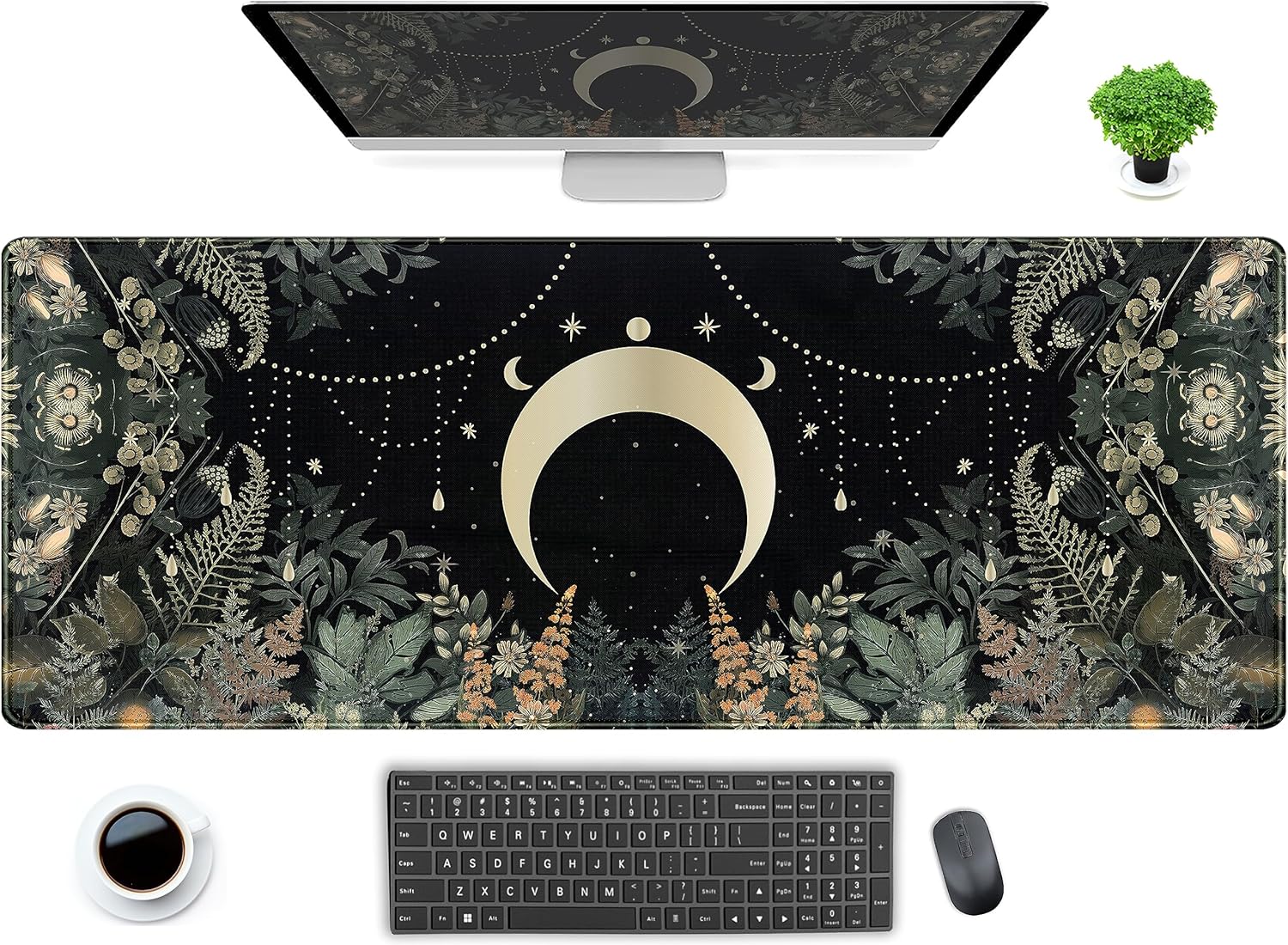 XL Green Forest Desk Mat: Whimsical Moon Design