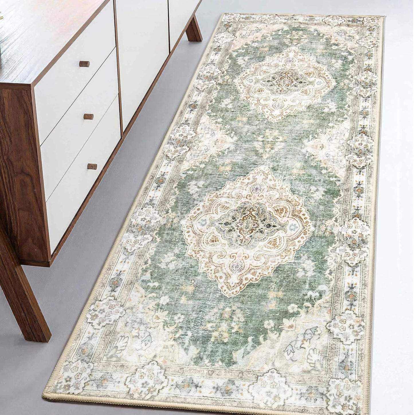 MUJOO Hallway Runner Rug - Soft Non-Slip Boho Green 2ftx6ft