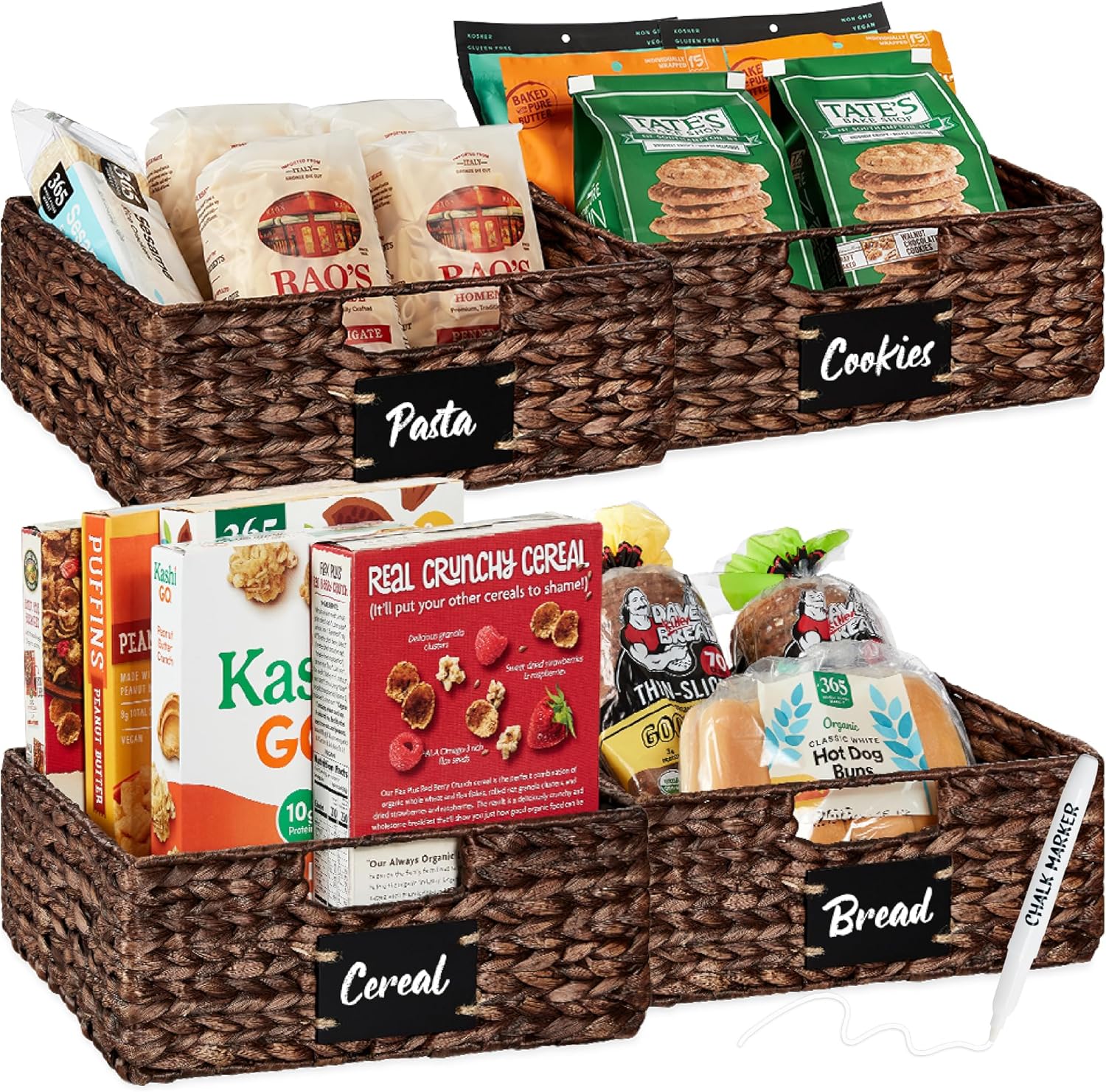 Set of 4 Water Hyacinth Pantry Baskets with Chalkboard Labels